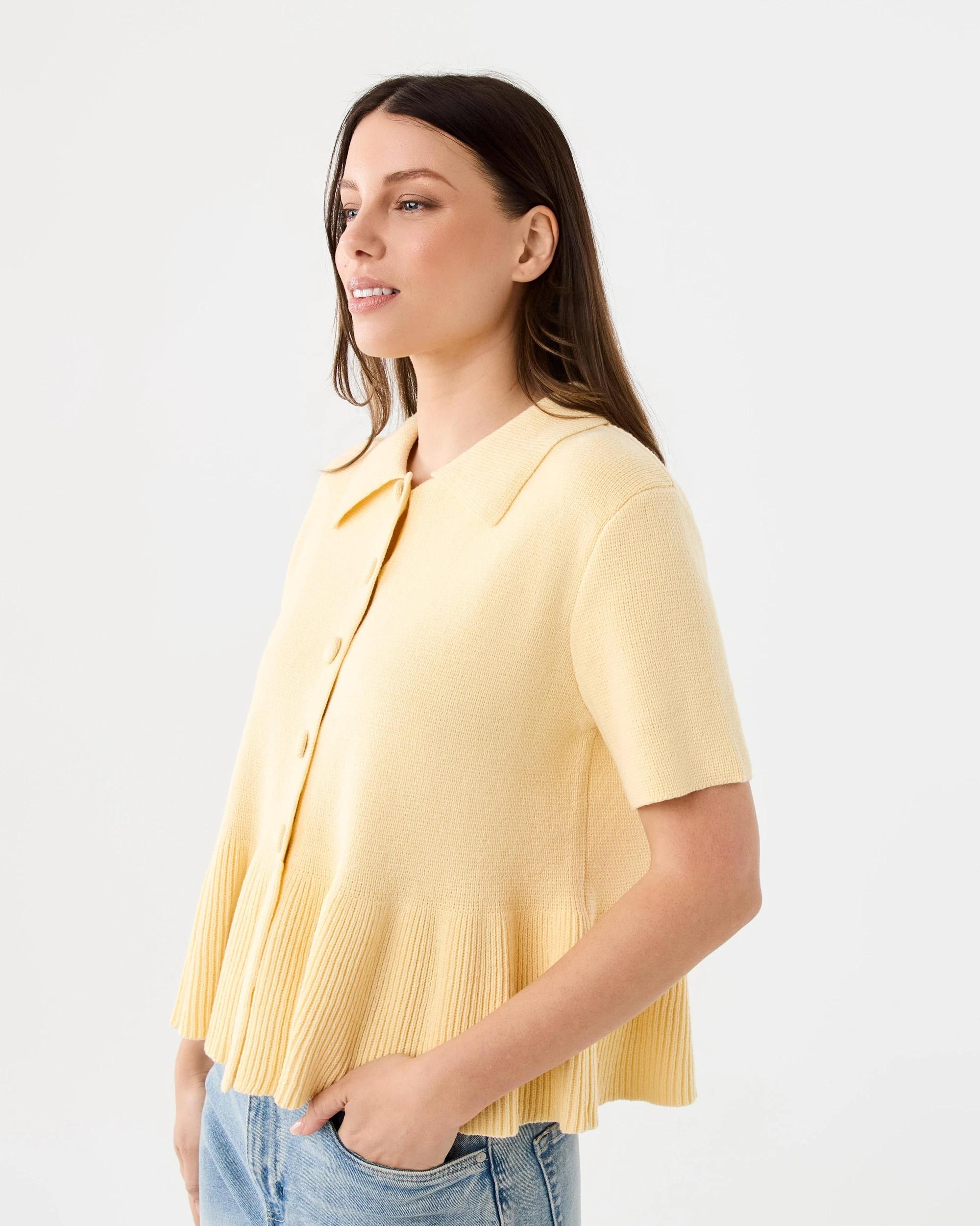 2 Short Sleeve Peplum Knit Cardigan Fln Yellow, 2 of 7