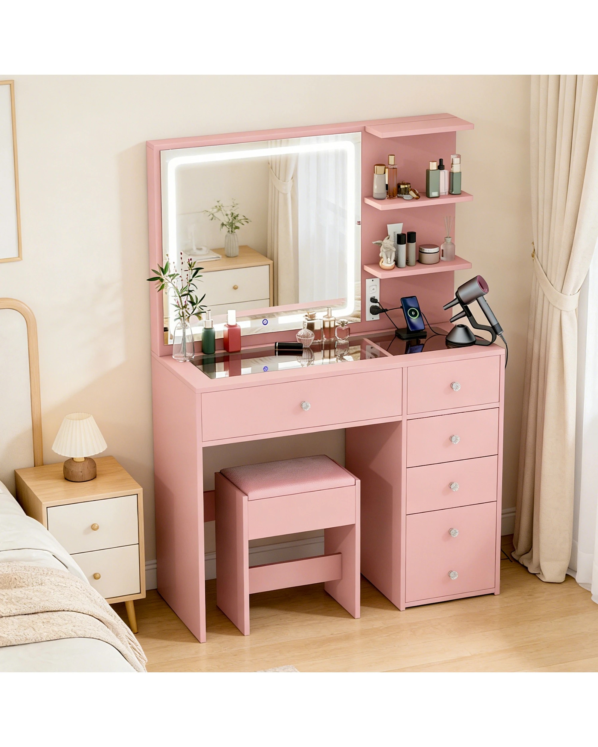 2 Advwin Dressing Table with LED Mirror 5 Drawers and Charging Station - Pink, 2 of 8