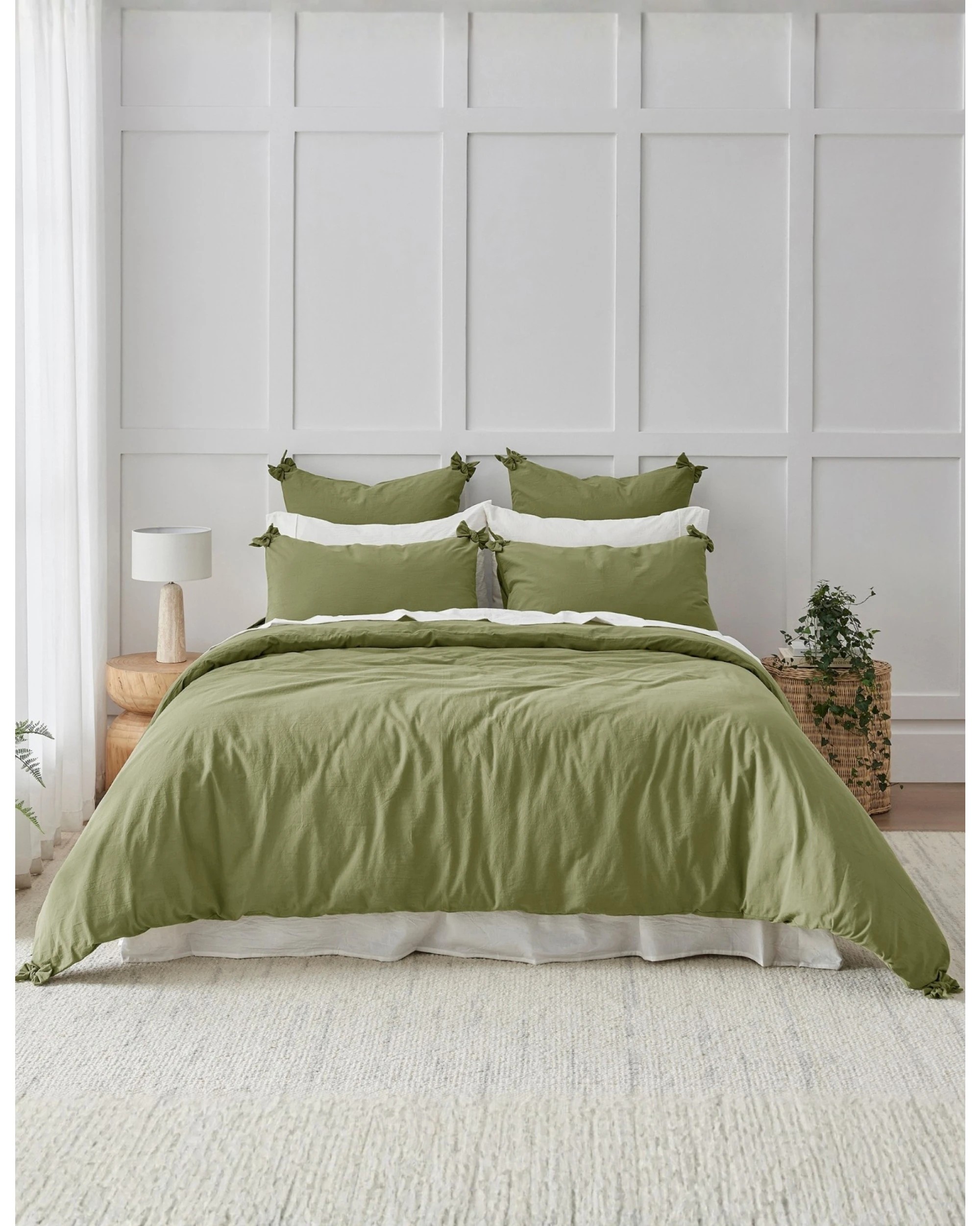 8 Dreamaker Bonnie Washed Cotton Quilt Cover Set with Bows - Single Bed - Olive, 8 of 9
