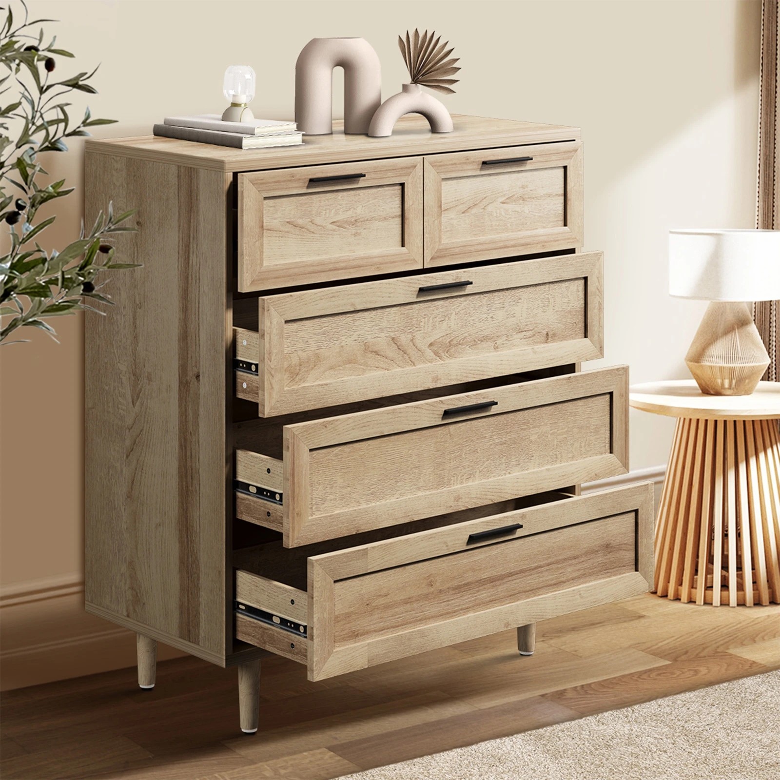 3 Oikiture 5 Chest Of Drawers Dresser Chest Storage Cabinet Tallboy
 - Natural, 3 of 10