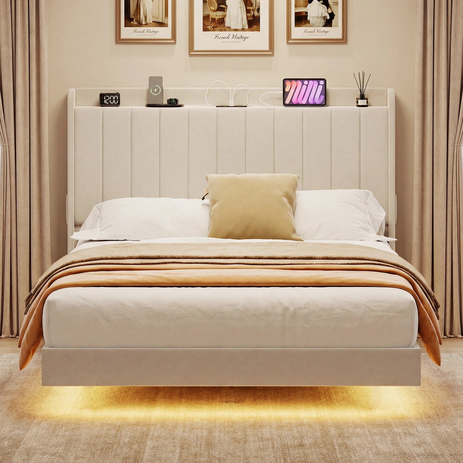 2 Advwin Double Velvet Floating Bed Frame with RGB LED and Charging Station - Beige, 2 of 8