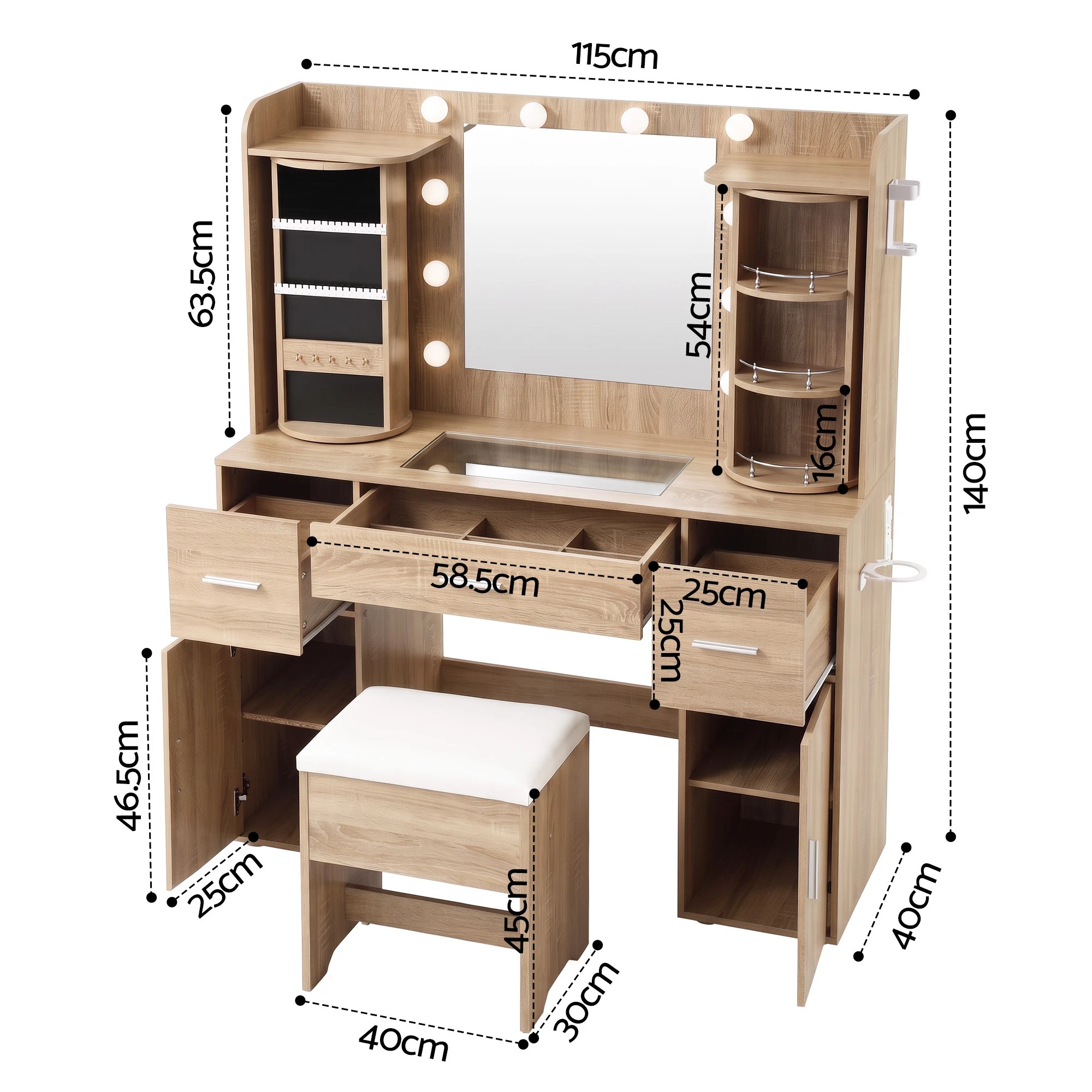 Artiss Dressing Table Vanity Desk LED Mirror Stool Set Charging Station ...