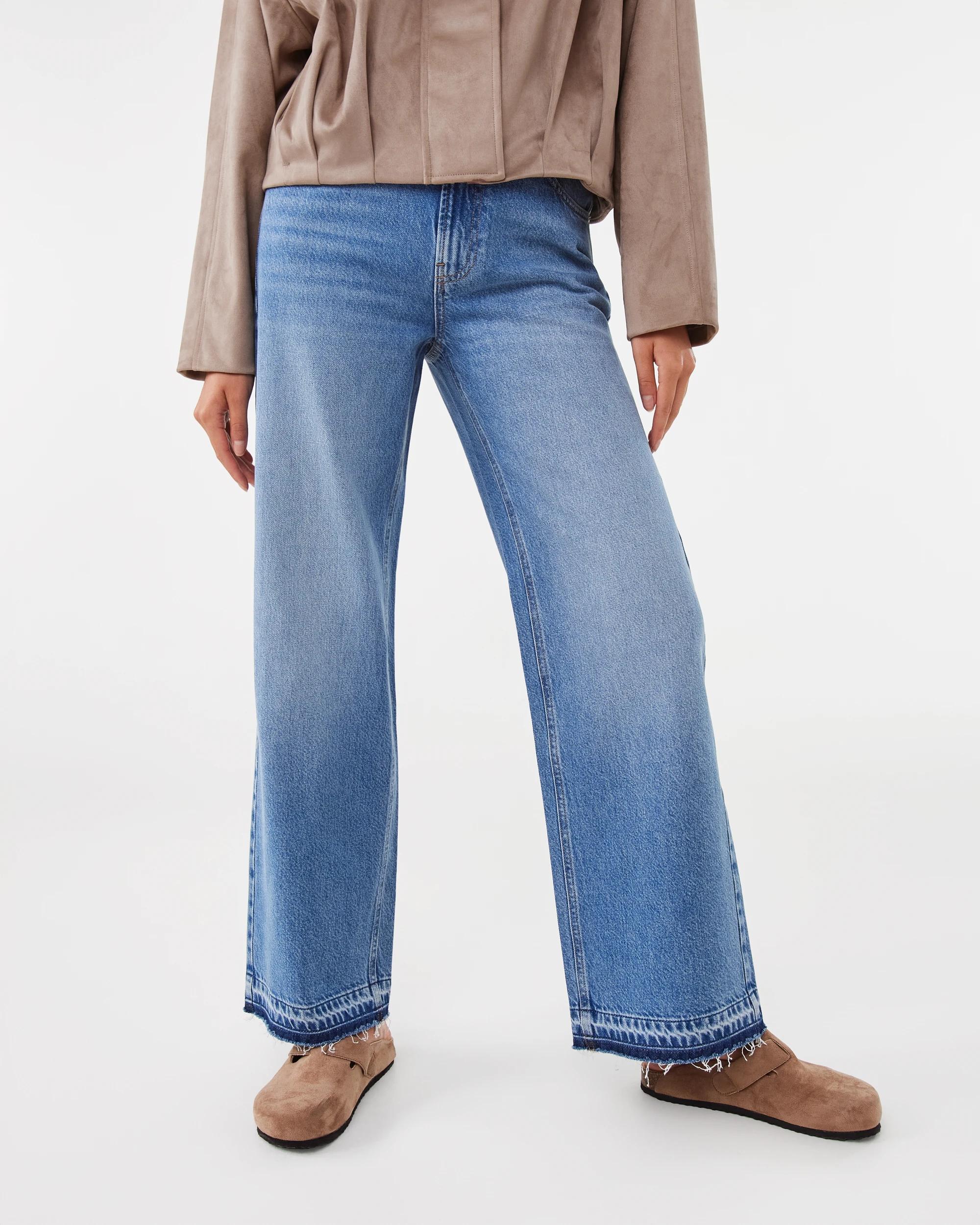 1 Straight Leg Undone Hem Jeans Mid Wash, 1 of 6
