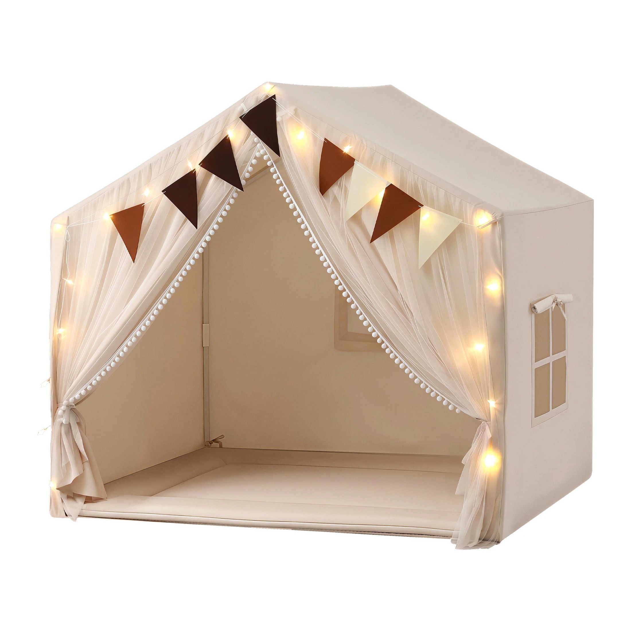 1 Keezi Kids Play Tent with Star Lights, Windows & Flag – 144x95cm Indoor Playhouse - Beige, 1 of 8