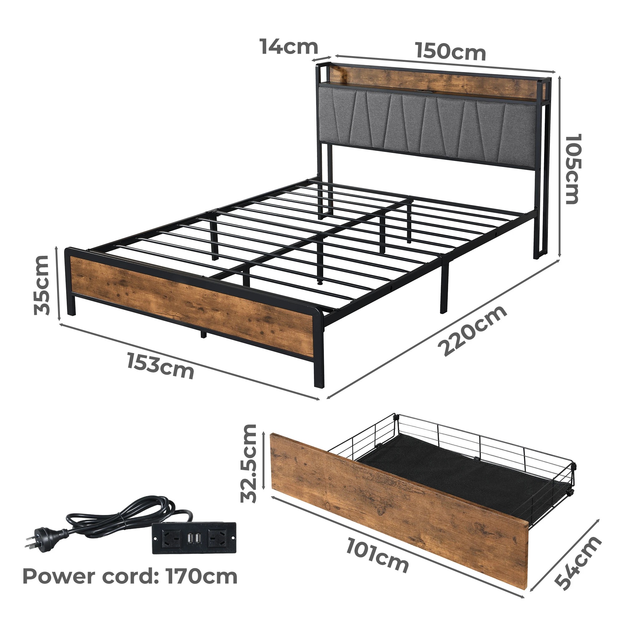 3 Levede Usb Port Bed Frame - Queen, 3 of 5