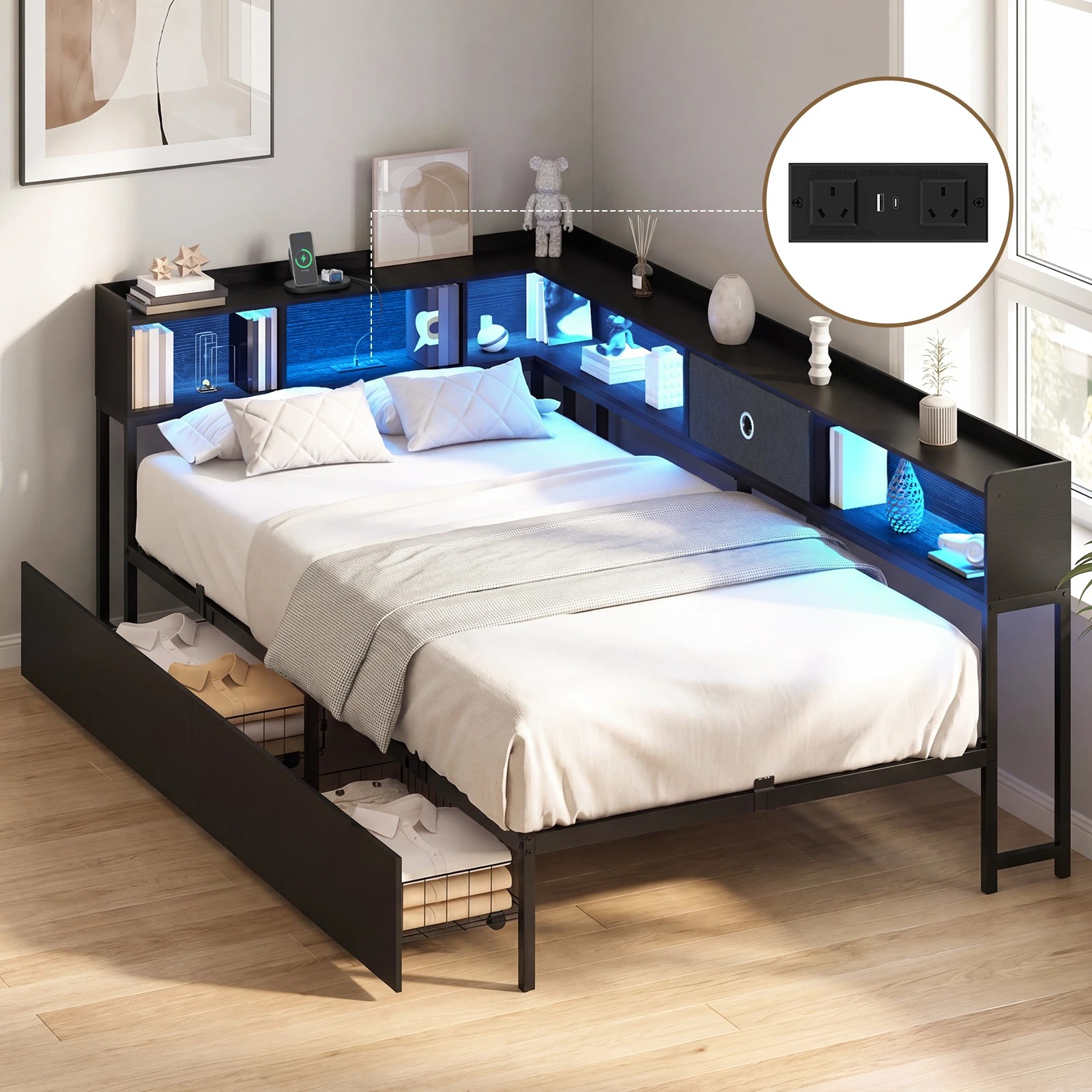 8 Advwin King Single Corner Bed Frame with Storage Drawers, Charging Station and LED Lights - Black, 8 of 10
