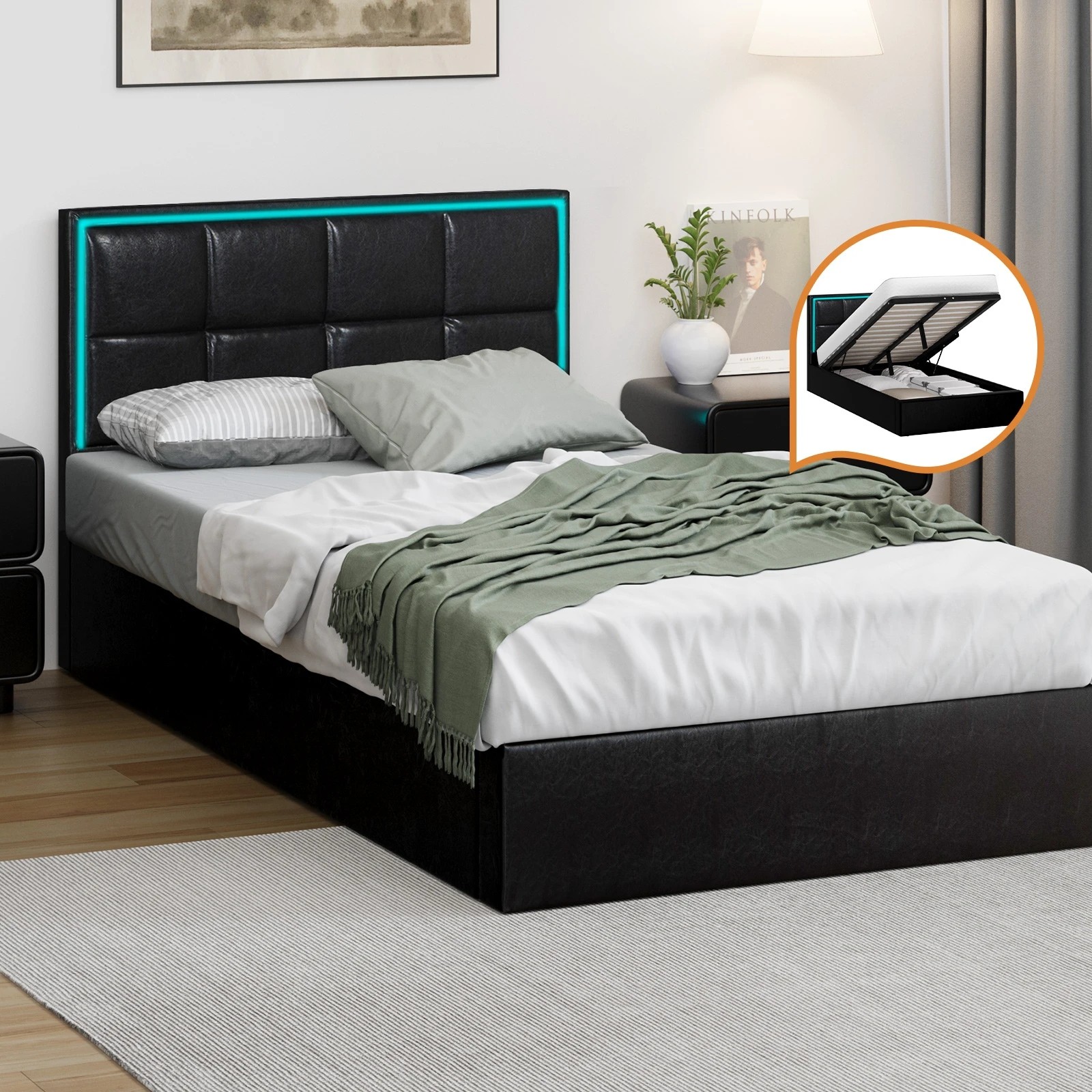 3 Oikiture Bed Frame King Single Size RGB LED Gas Lift Storage Base Leather - Black, 3 of 9