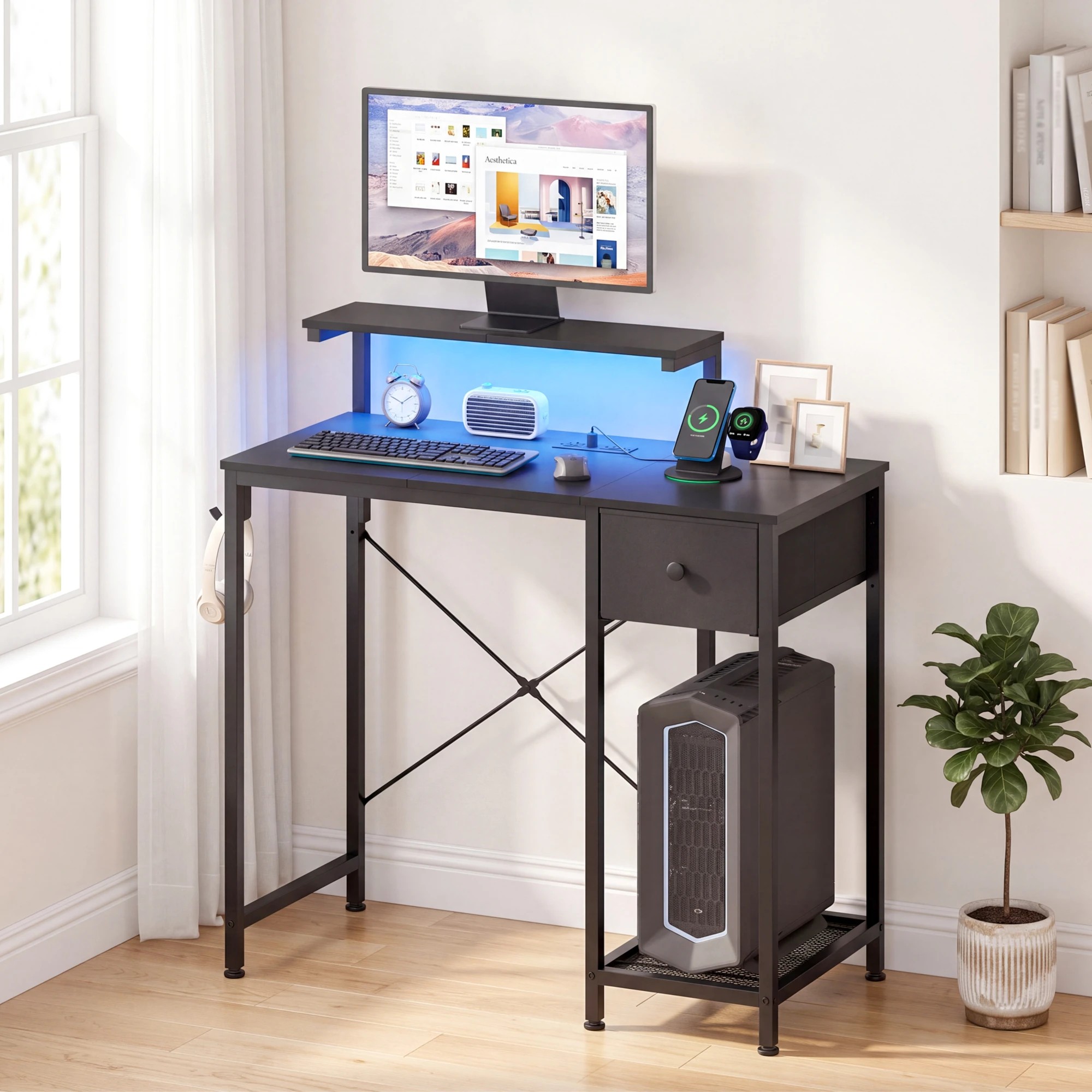 5 Advwin LED Gaming Desk with Adjustable Monitor Stand and Power Outlets Computer Desk with Reversible Shelf - Black, 5 of 9