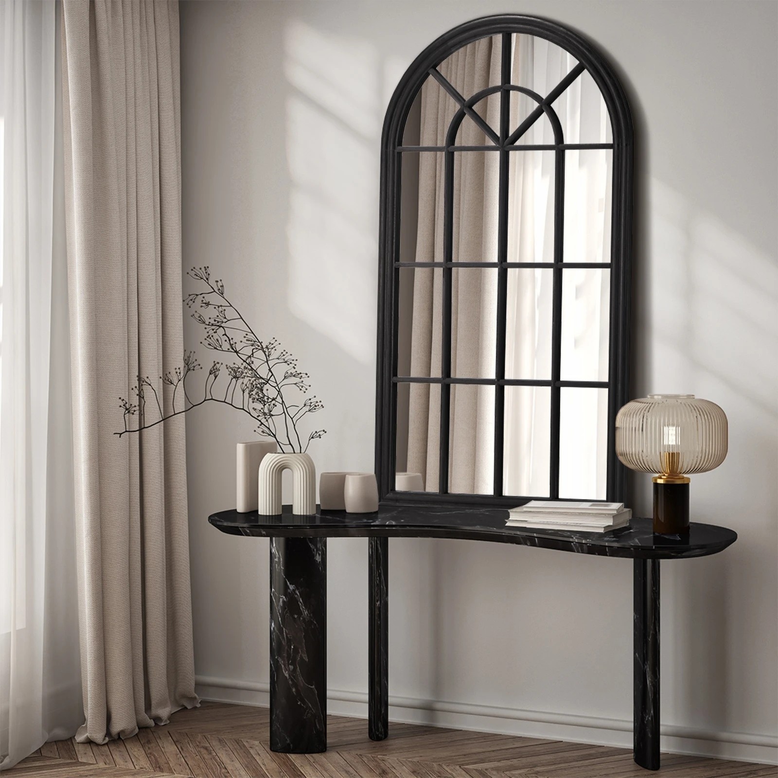 3 Oikiture Wooden Window Mirror Arched Wall Mirrors Decor 130x70cm
 - Black, 3 of 9