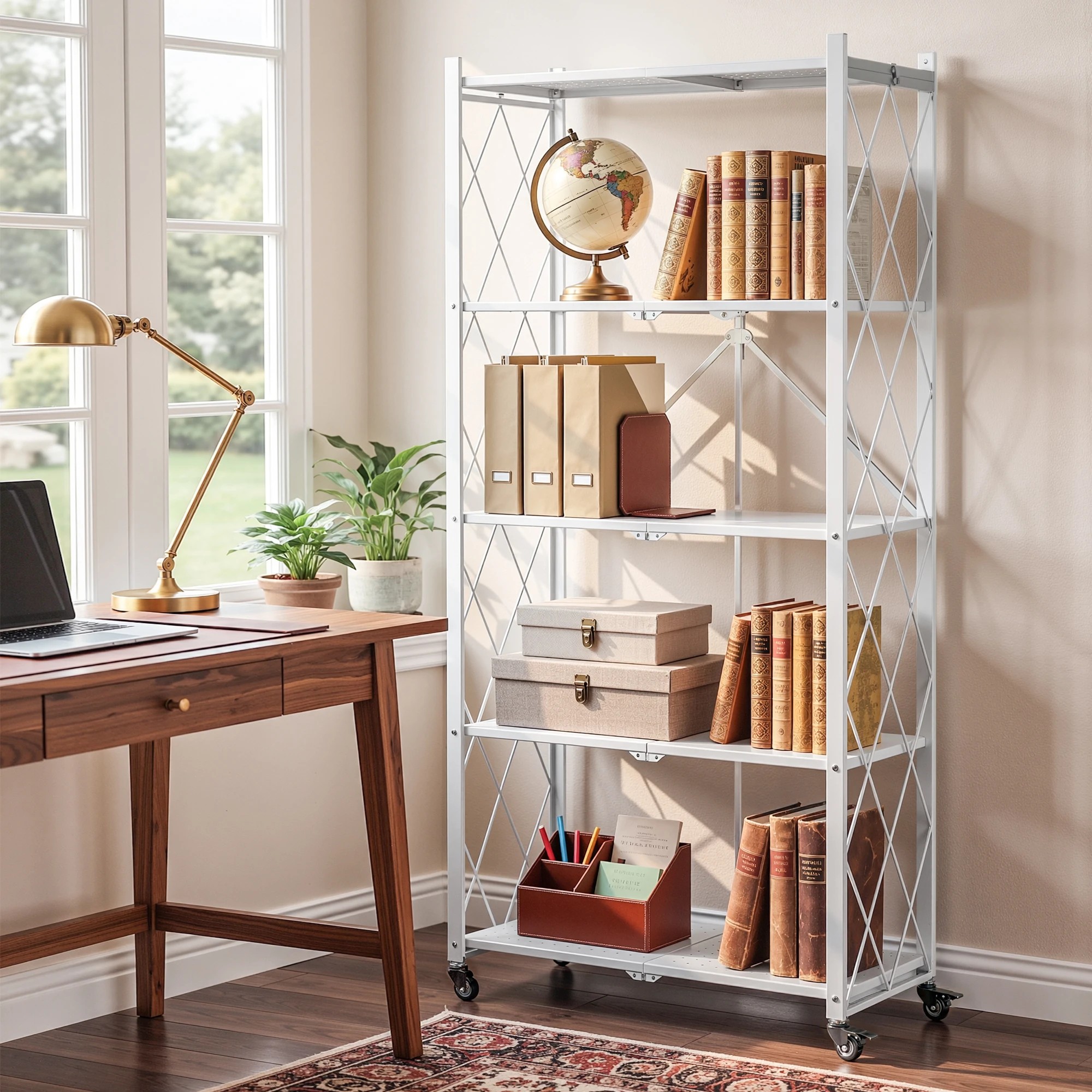 10 Artiss 5-Tier Foldable Kitchen Bakers Rack with Wheels 71x34x160cm Metal Microwave Stand 25kg Capacity Per - White, 10 of 10