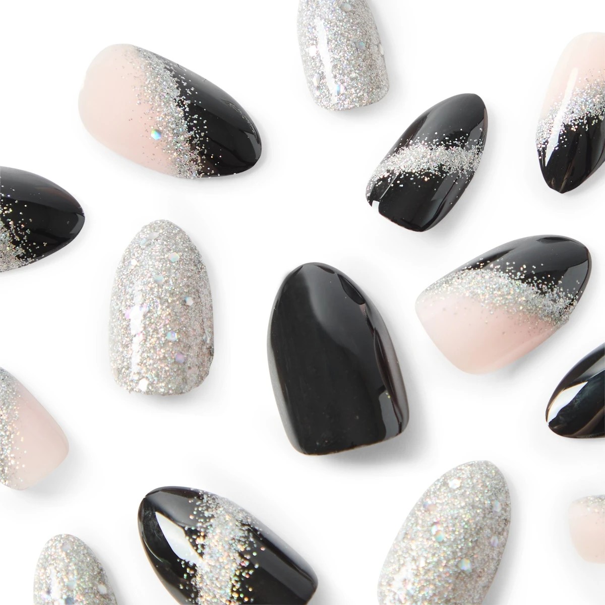 3 OXX Cosmetics 24 Pack Artificial Nails with Adhesive - Almond Shape, Black and Silver Glitter, 3 of 4