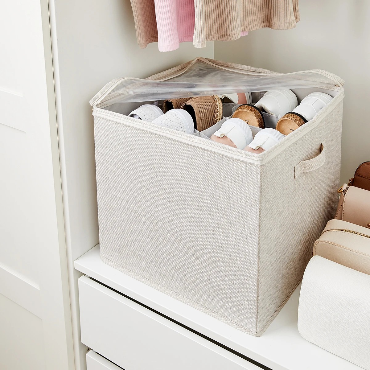 1 Linen Look Storage Box with Dividers - Beige, 1 of 10