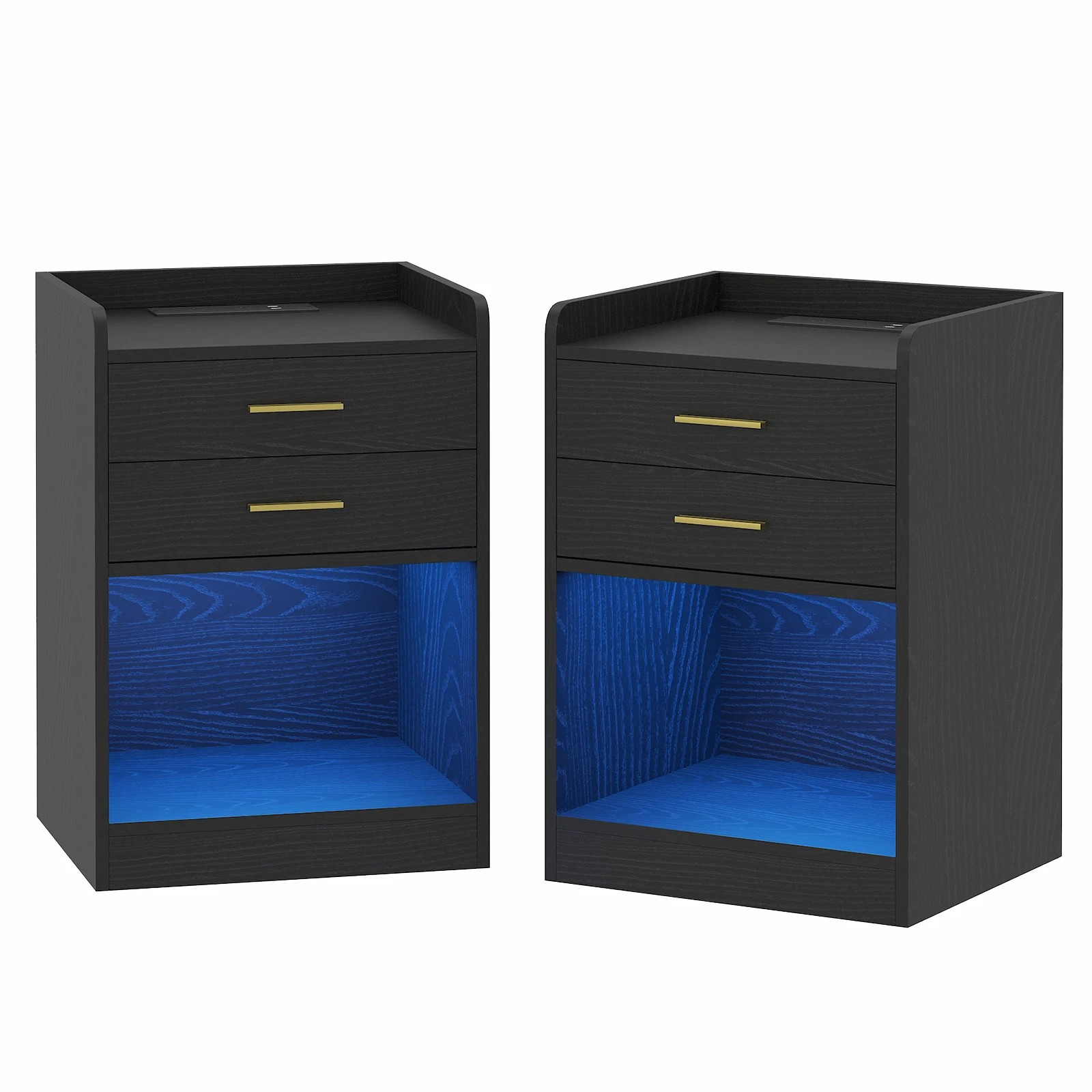 1 Advwin LED 2x Bedside Table with Charging Station 2 Drawers Nightstand - Black, 1 of 7