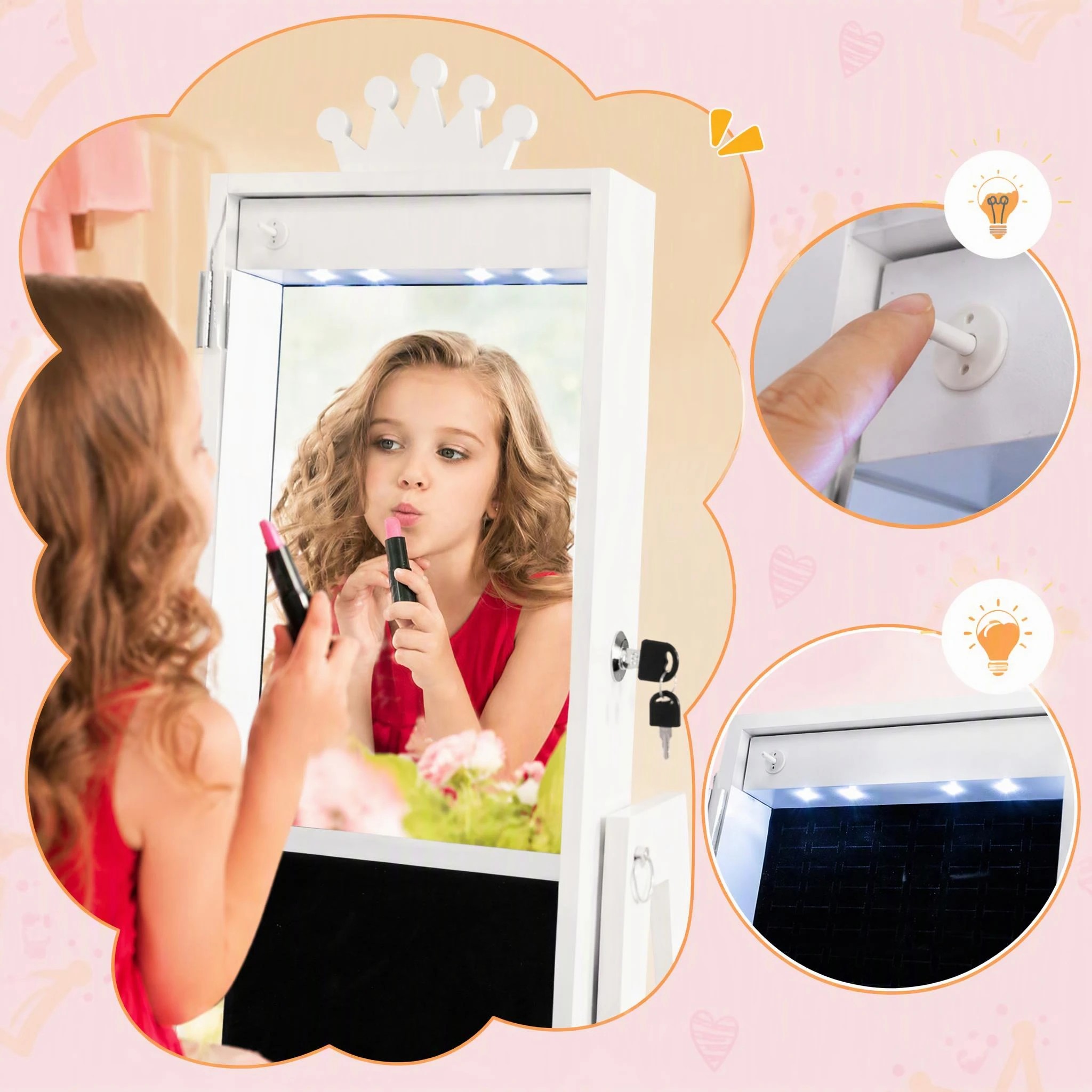 5 Costway Swivel Mirror Jewellery Cabinet Jewelry Organizer Standing Box Princess Armoire - White, 5 of 9