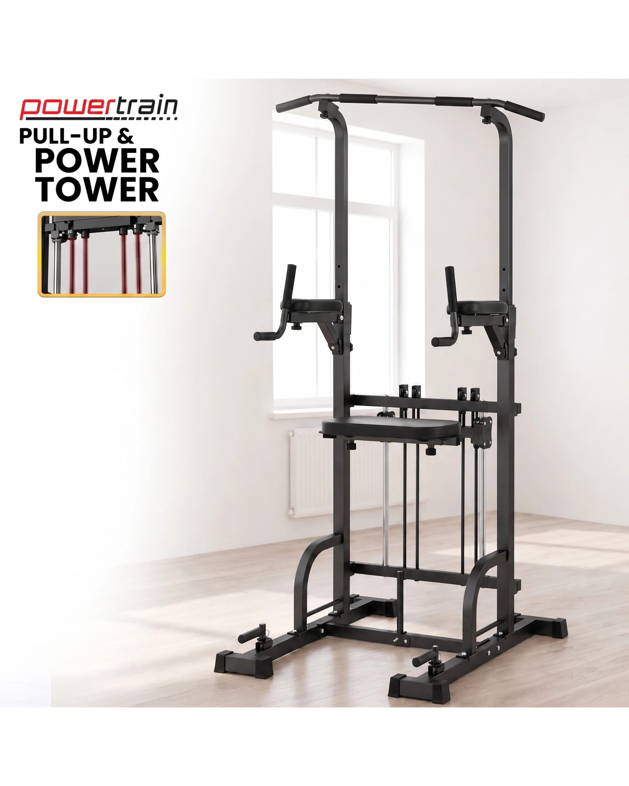 3 Powertrain Pull-Up and Dip Power Tower - Multifunction Strength Training Station - Black, 3 of 9