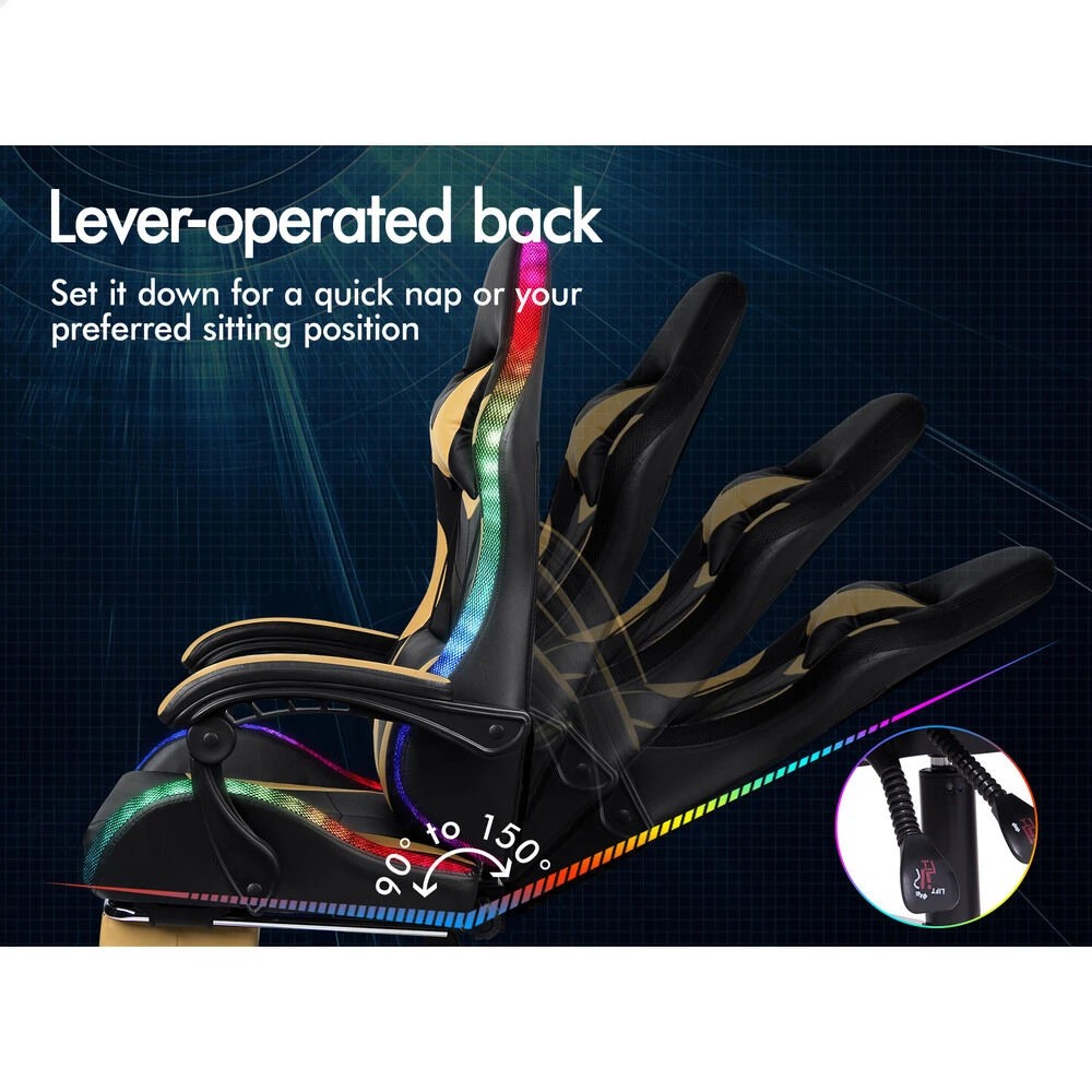 7 Alfordson Gaming Chair Office Massage 12 RGB LED Computer Seat PU Leather - Gold, 7 of 10