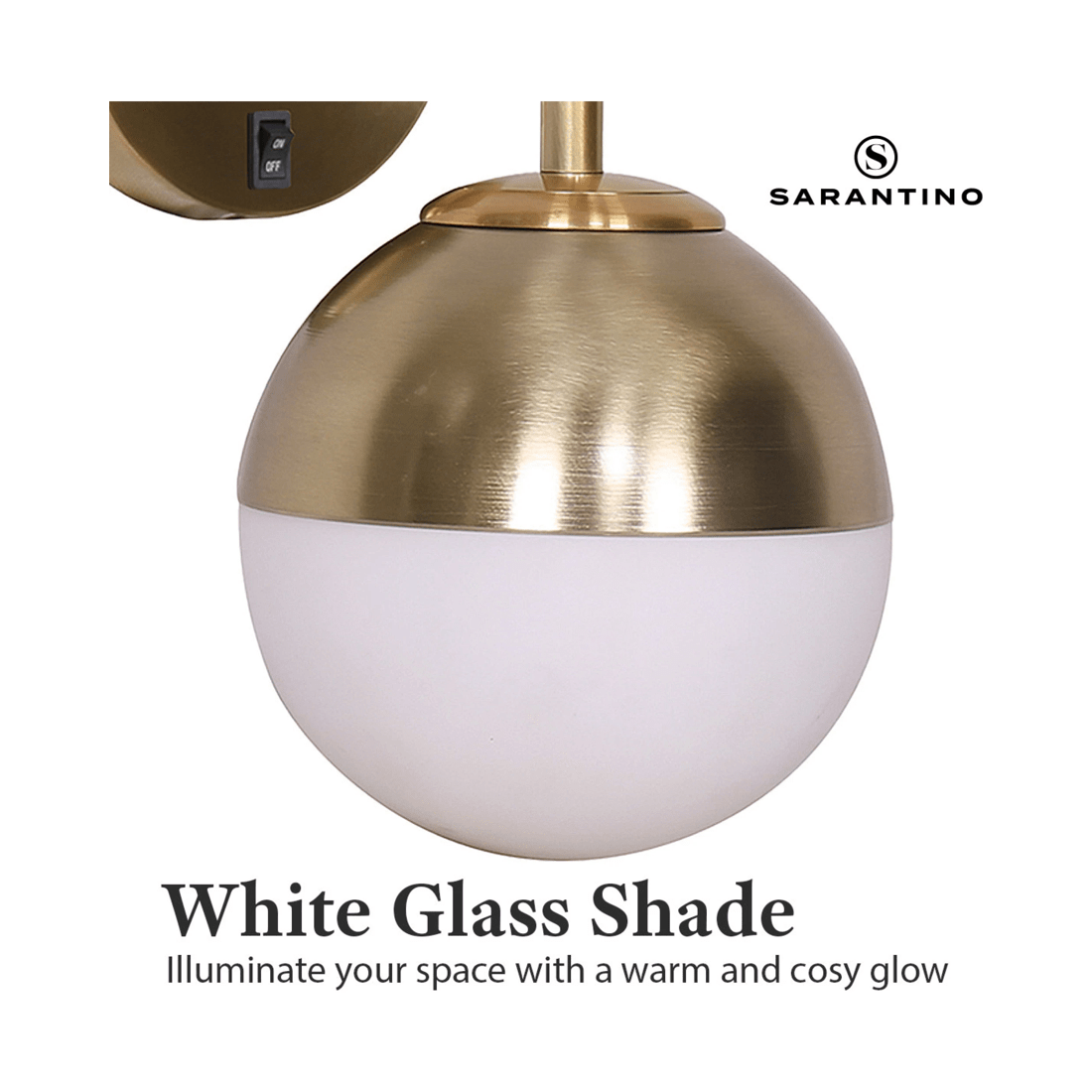 7 Sarantino Wall Lamp With Gold Metal Base And White Glass Shade, 7 of 10