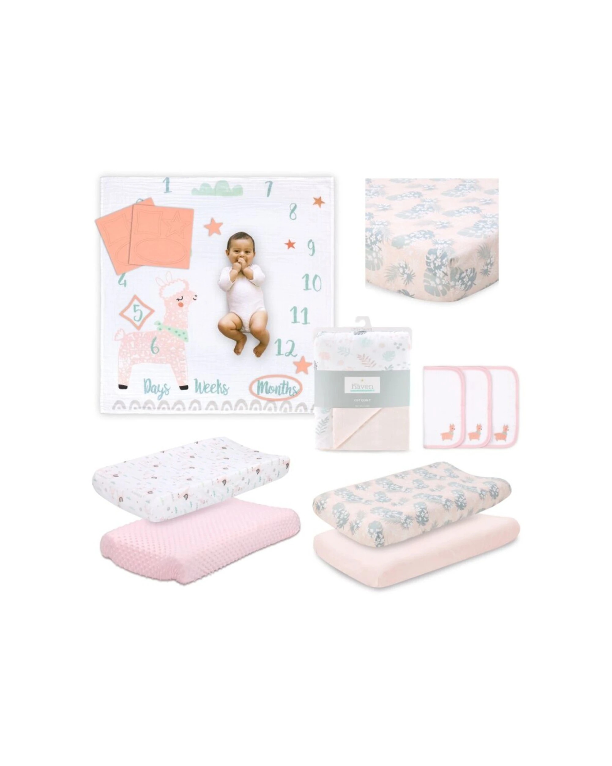 1 Little Haven 8pc Cot Bedding Bundle Llama With Cot Quilt Milestone Wrap - Multi, 1 of 7