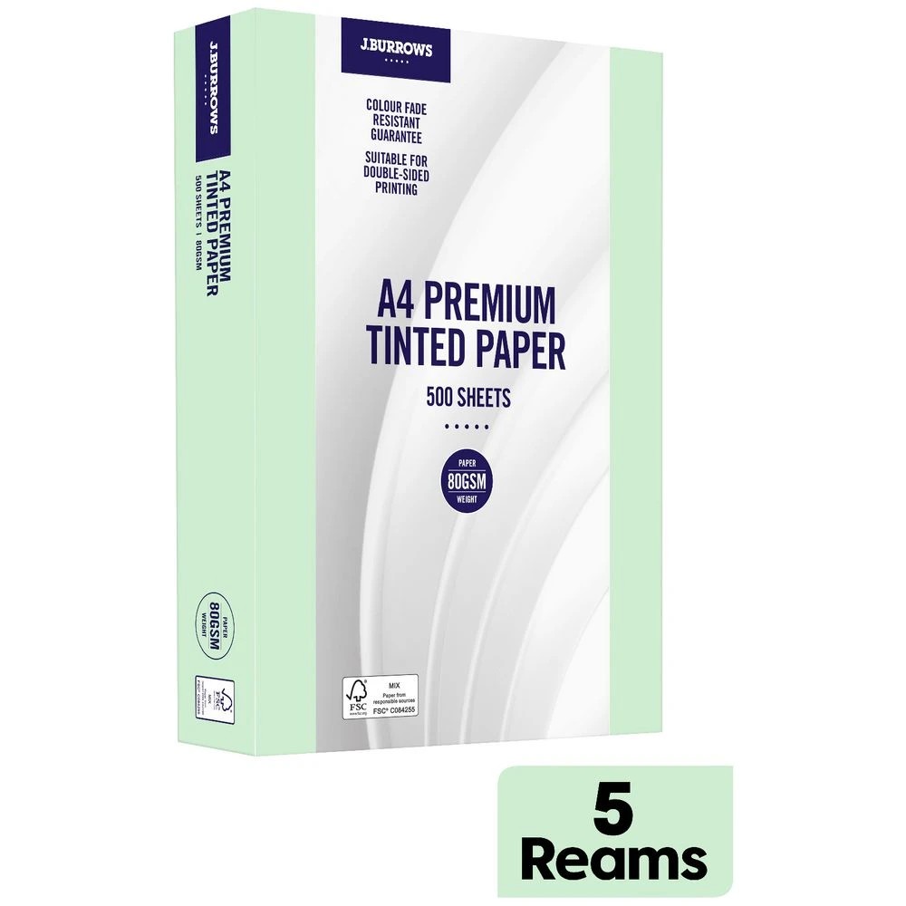 2 J.Burrows Premium A4 Tinted Paper Ream Green 5 Pack, 2 of 2