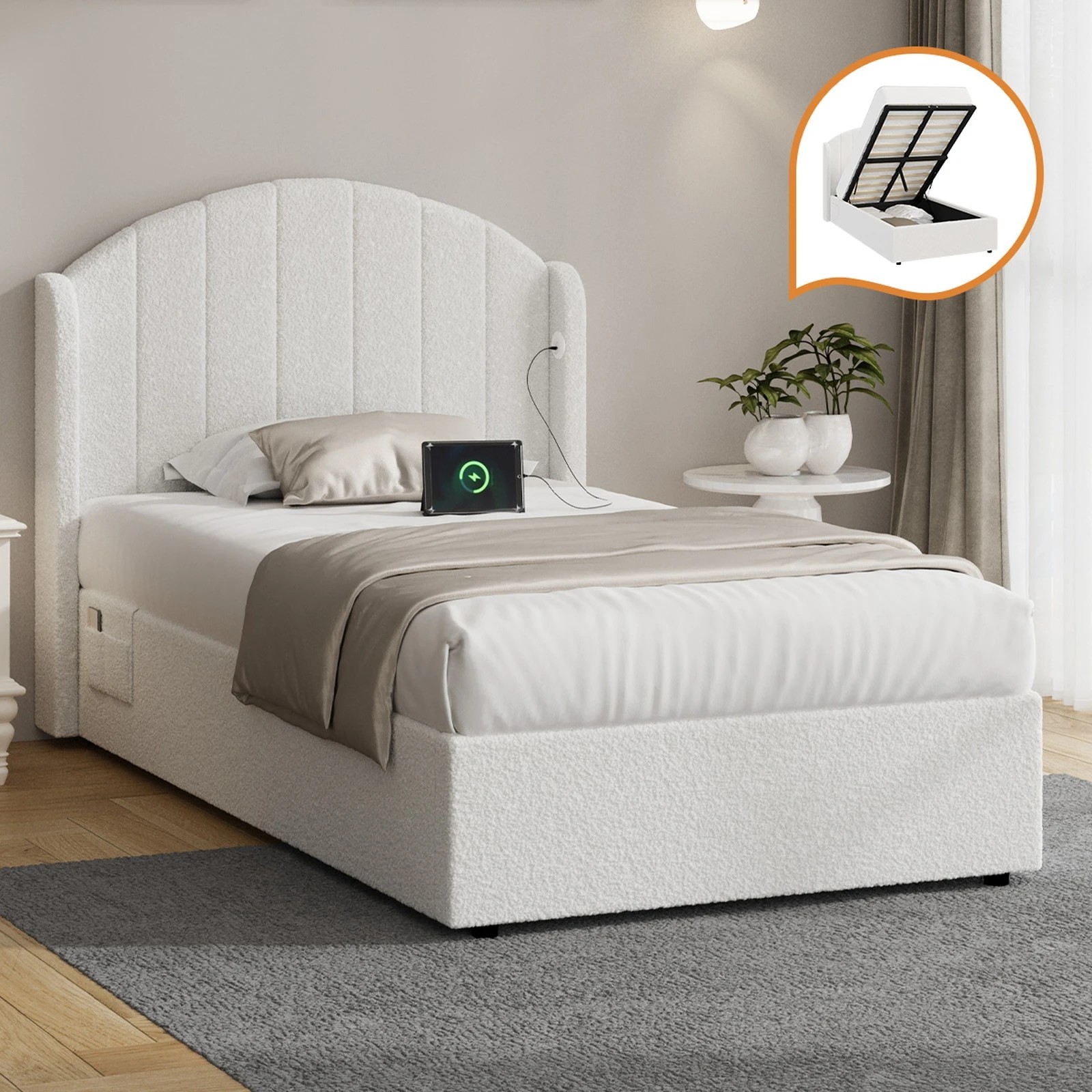 3 Oikiture Bed Frame King Single Size With Gas Lift Storage USB Charging Boucle - White, 3 of 9