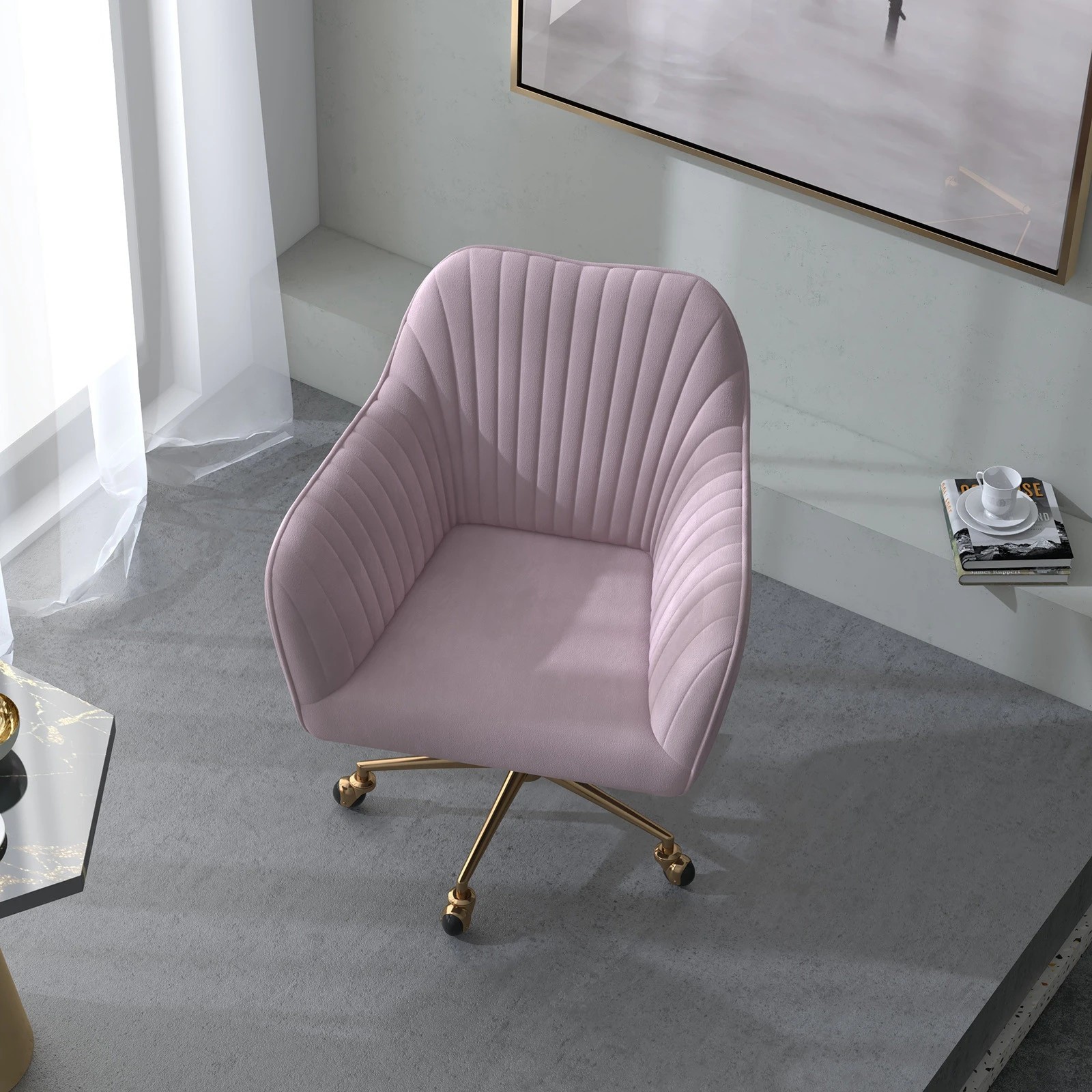 6 Casa Decor Arles Velvet Office Chair Mid Back Swivel Height Adjustable - Pink, 6 of 10