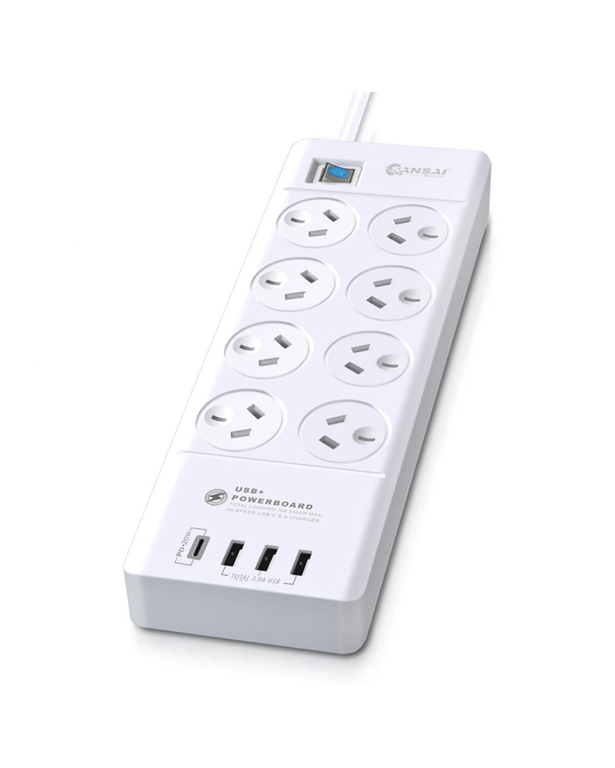 1 Sansai 8 Way Power Outlet 2400W Surge Protected Board Charger Ports USB A to C - White, 1 of 5