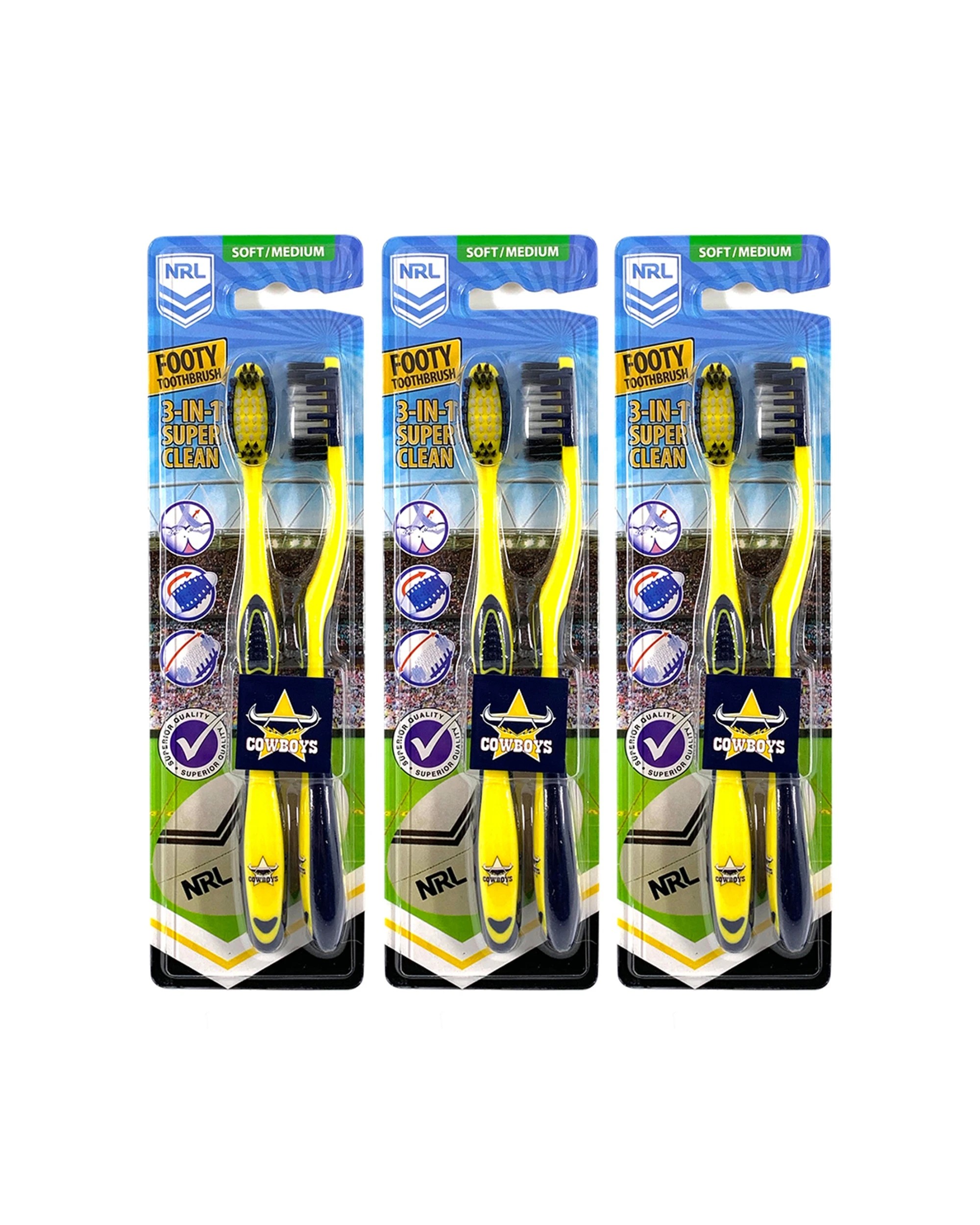 1 NRL 3x 2pc North Queensland Cowboys Soft/Medium Toothbrush Kids/Adults - Multi, 1 of 1