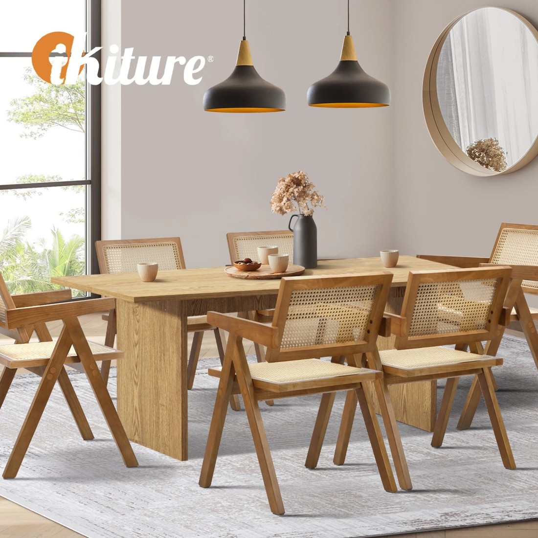 5 Oikiture 180cm Rectangular Dining Table With 6pcs Dining Chairs Wooden Walnut
 - Natural, 5 of 10