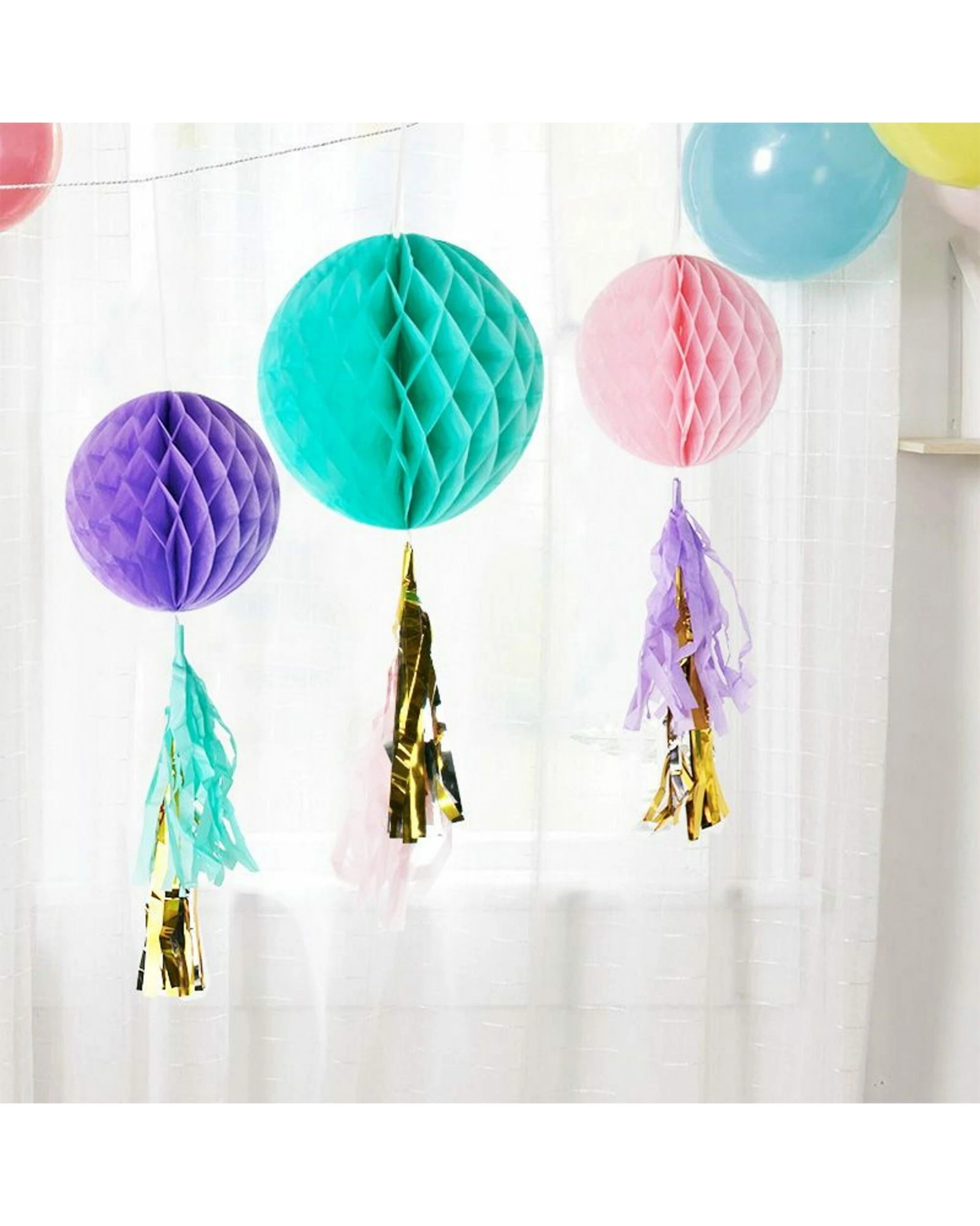 3 Party Maker Pastel Light Pink, Purple & Teal Honeycomb Balls With Gold Tassels - Multi, 3 of 3