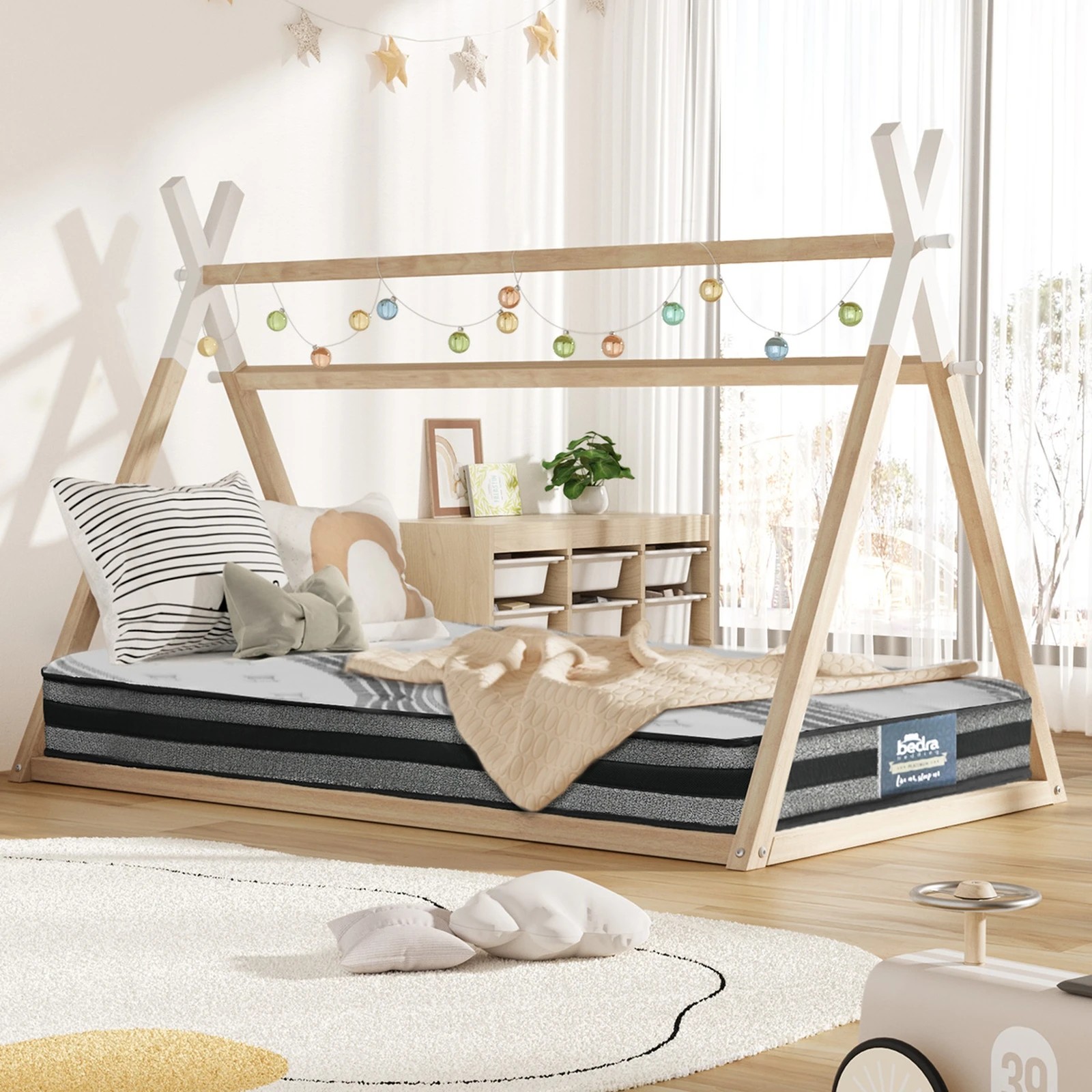 2 Oikiture King Single Kids Bed Frame Mattress Set Wooden Timber Teepee House Beds
 - Multi, 2 of 10