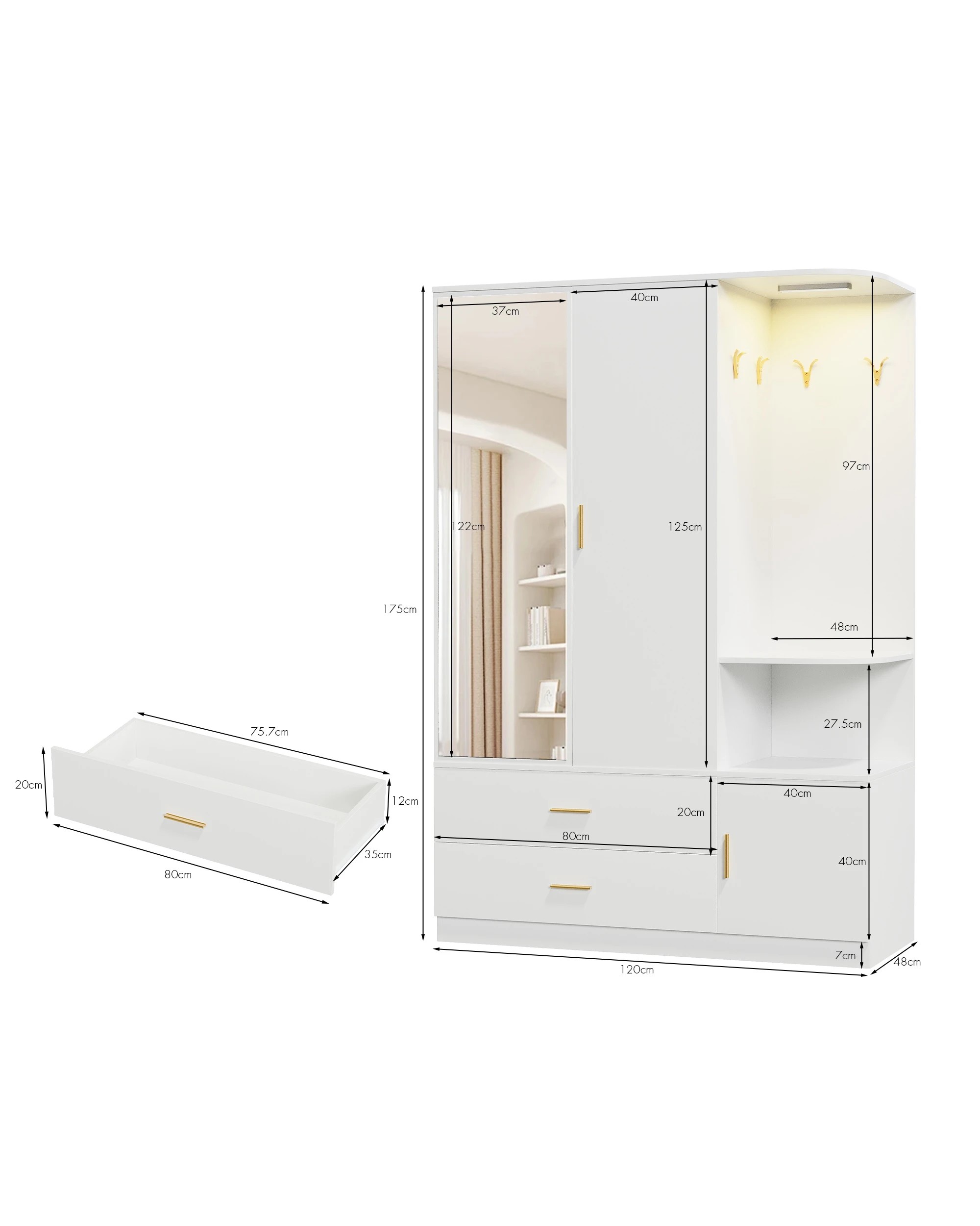 3 Advwin 3 Doors Armoire Wardrobe Closet with Mirror & Sensor Light - White, 3 of 9
