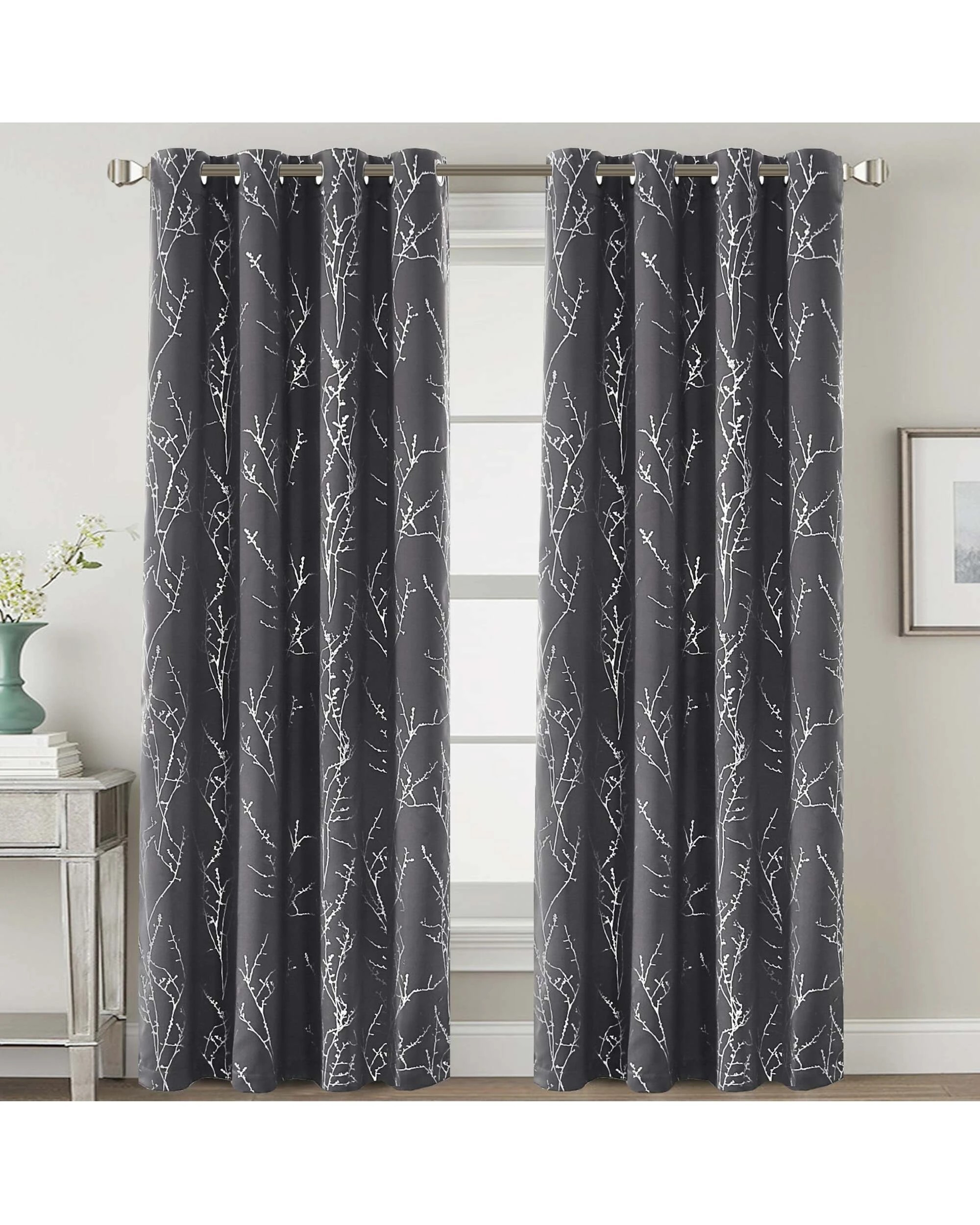 1 Smarcute Blockout Foil Print Twig Tree Grommet Curtain - 2X 132x243cm - Charcoal, 1 of 4
