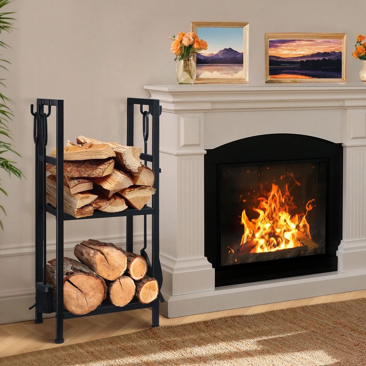 2 Ausway Fire Place Tool Kit 5in1 Firewood Storage Rack Firepit Wood Holder Campfire Metal Stove Log Carrier Stand, 2 of 4