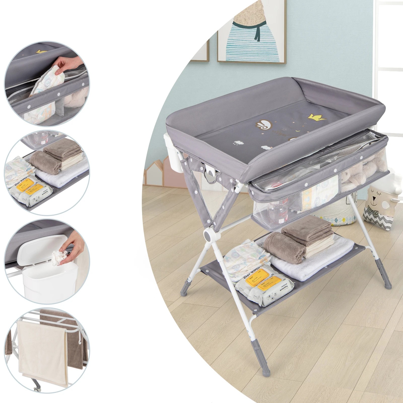 3 Costway Foldable Changing Table Diaper Organizer w/Wheels, 3 of 5