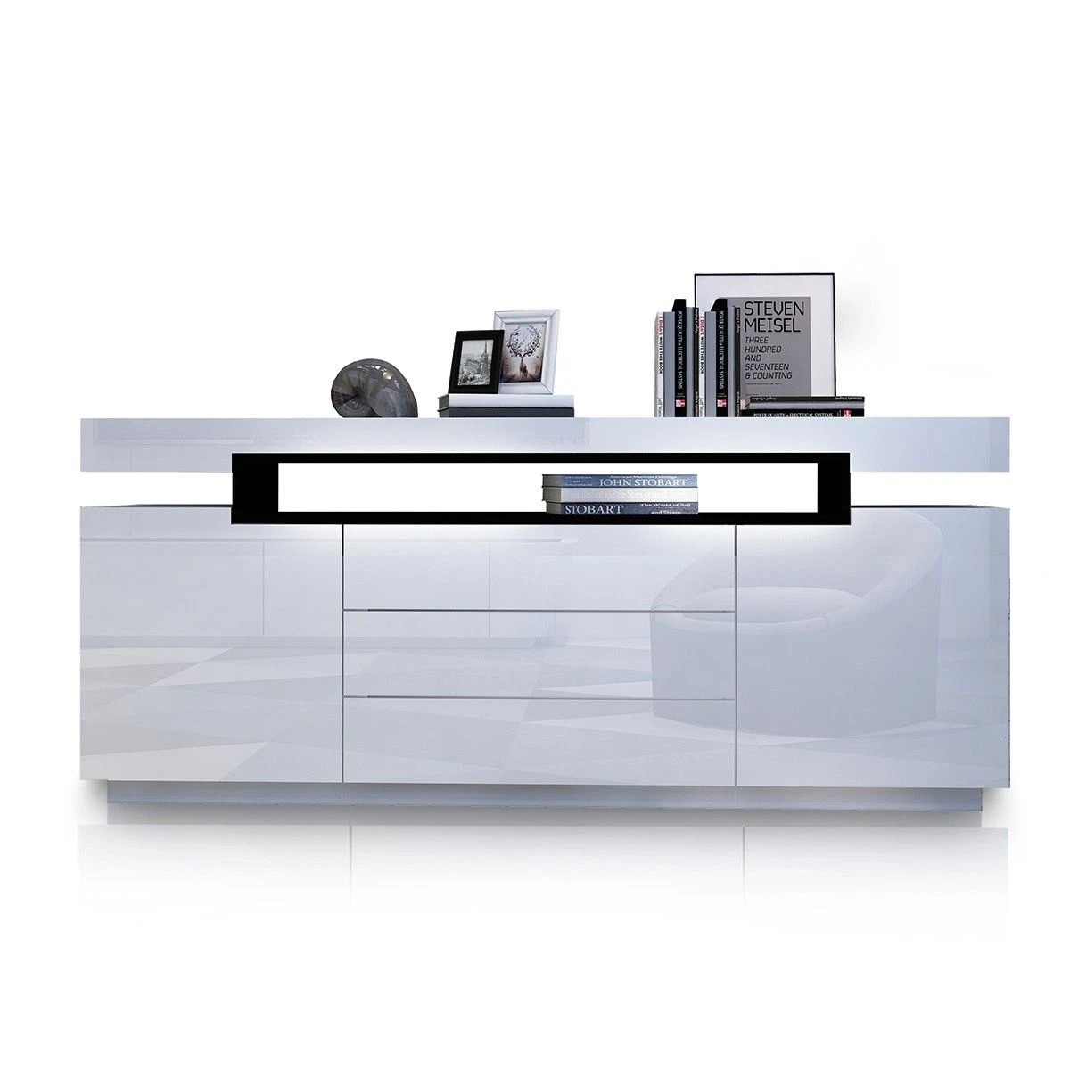 6 Ausway Modern Buffet Sideboard Cabinet High Gloss Storage with 2 Doors & 3 Drawers, 6 of 7