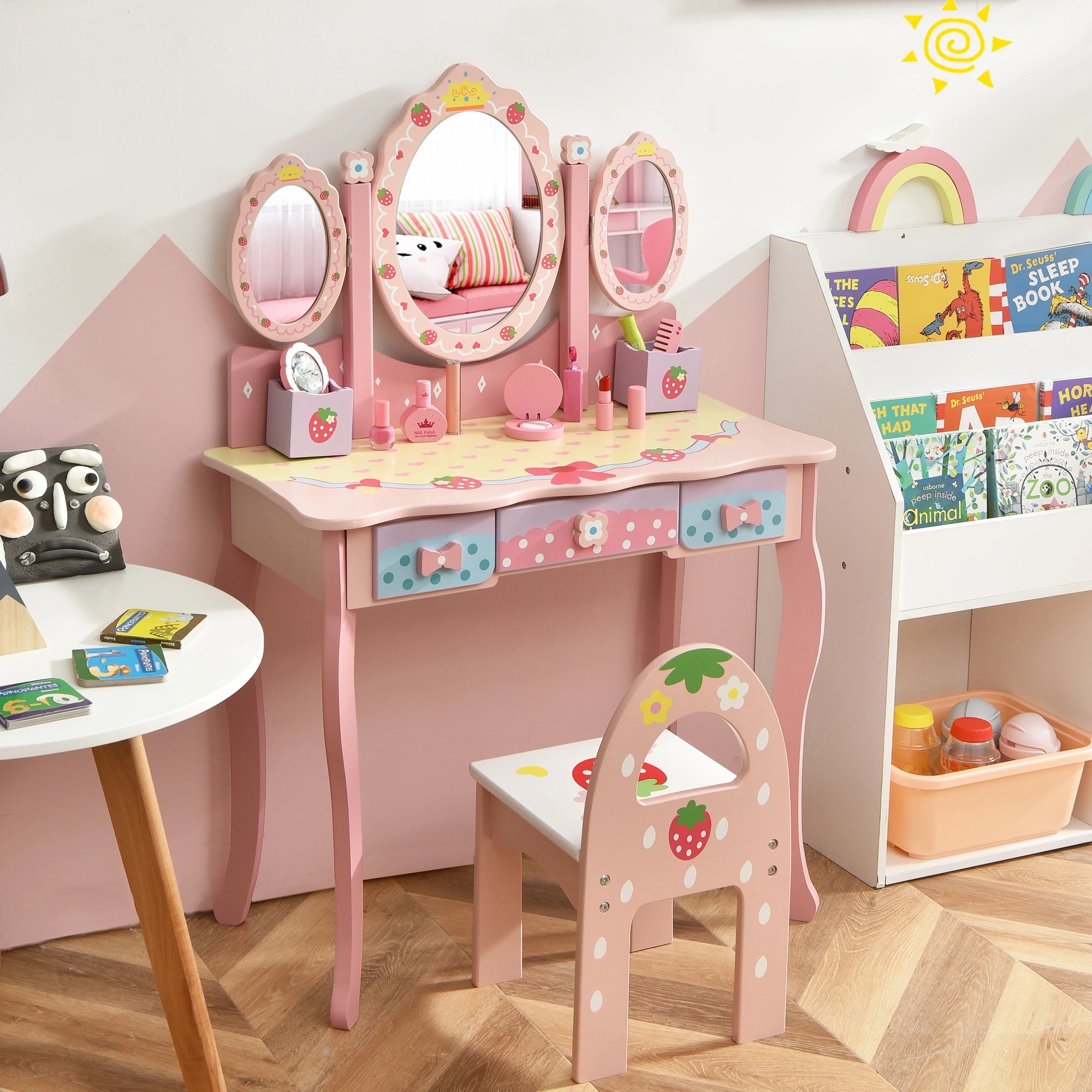 1 Costway Princess Makeup Dressing Table Chair Set Folding Mirror - Pink, 1 of 2