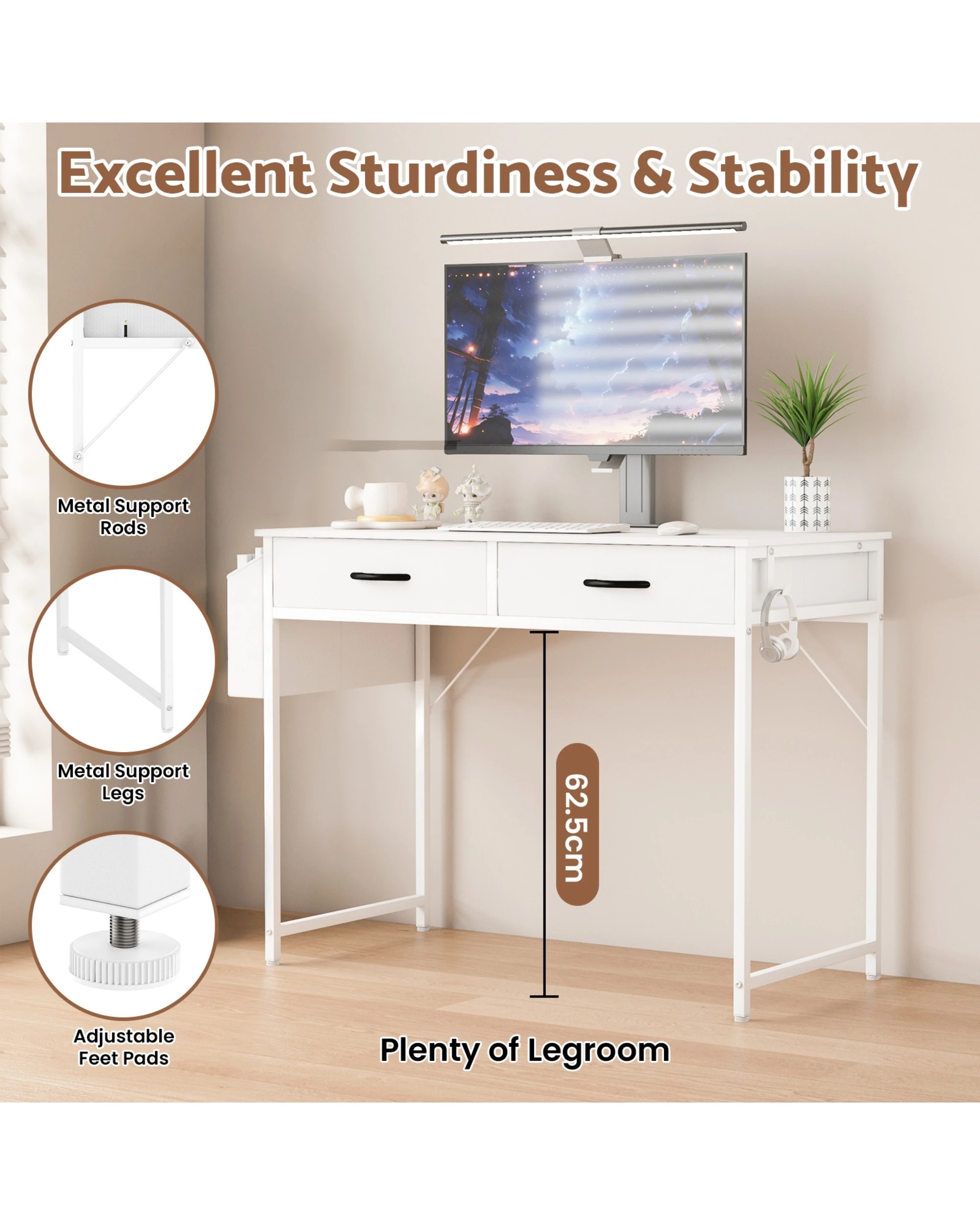 4 Advwin 100cm Small Desk With 2 Drawers And Storage Bag Makeup Vanity Desk White, 4 of 10