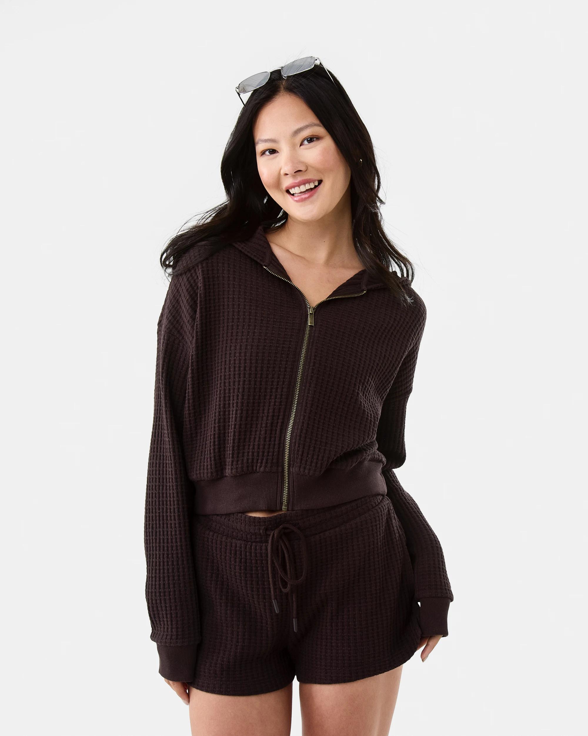 2 Waffle Zip Through Hoodie Choc Plum, 2 of 10