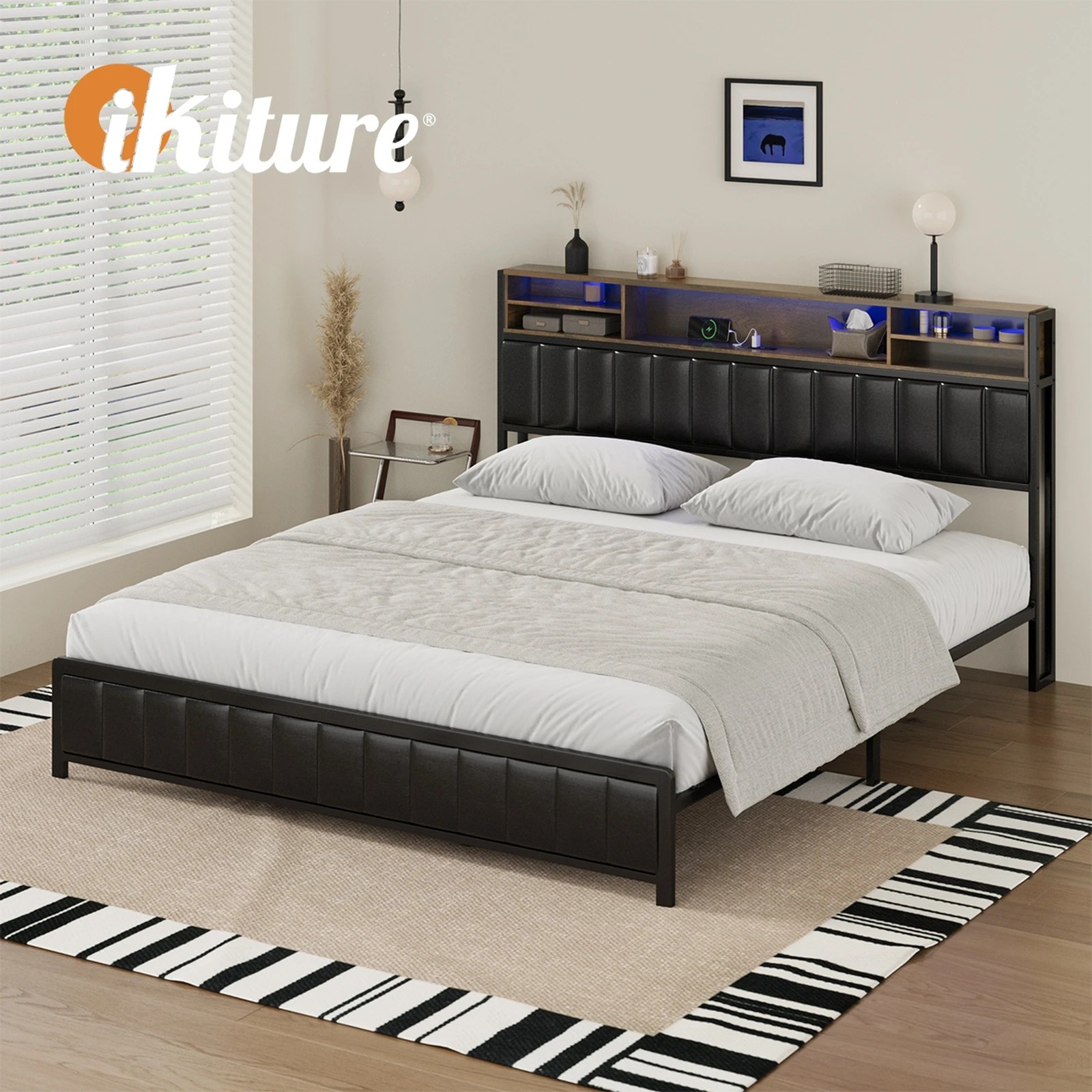 7 Oikiture Bed Frame King Single Size LED Storage Headboard With USB Charge - Black, 7 of 9