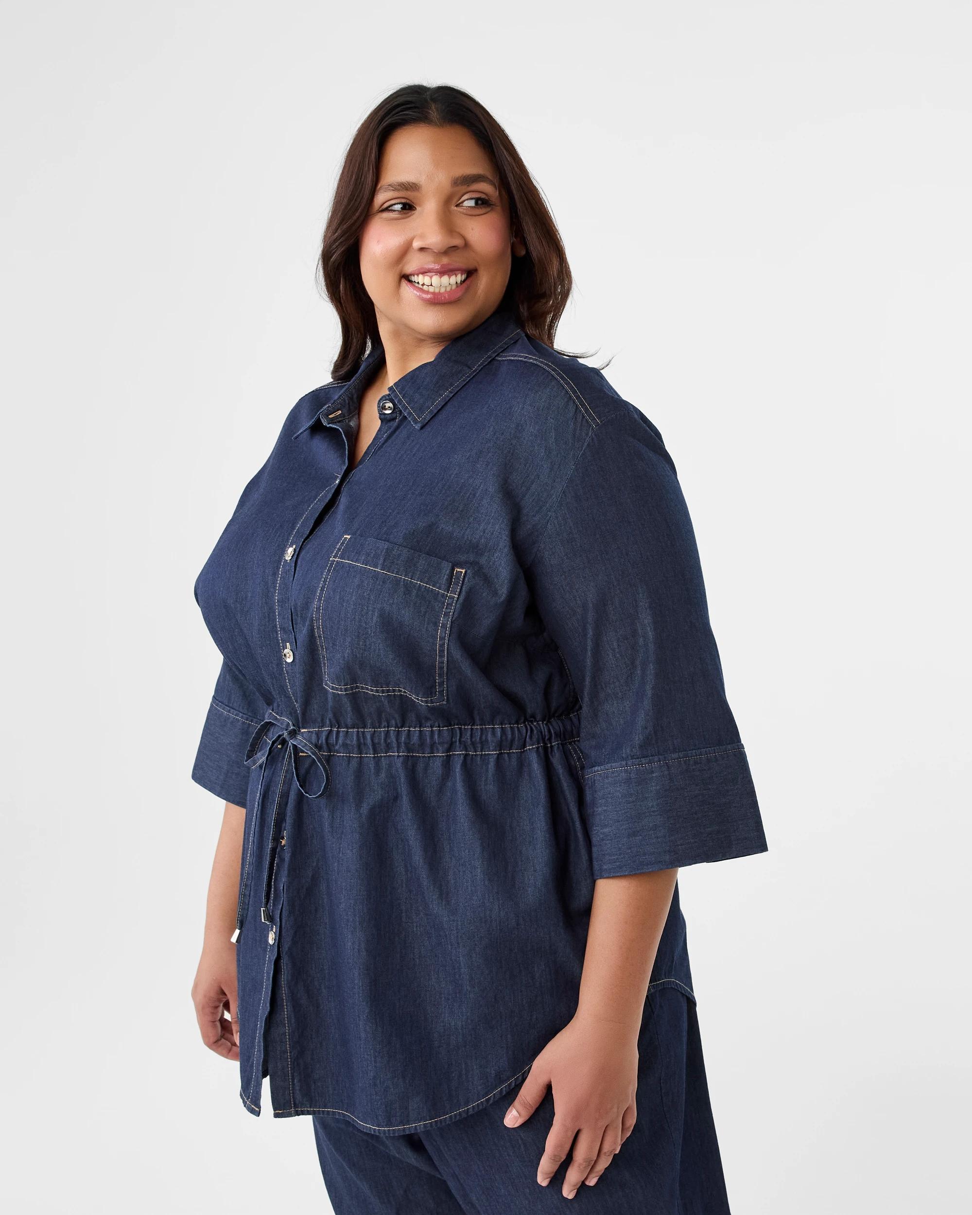 2 Curve Chambray Tie Waist Shirt Dark Denim, 2 of 7