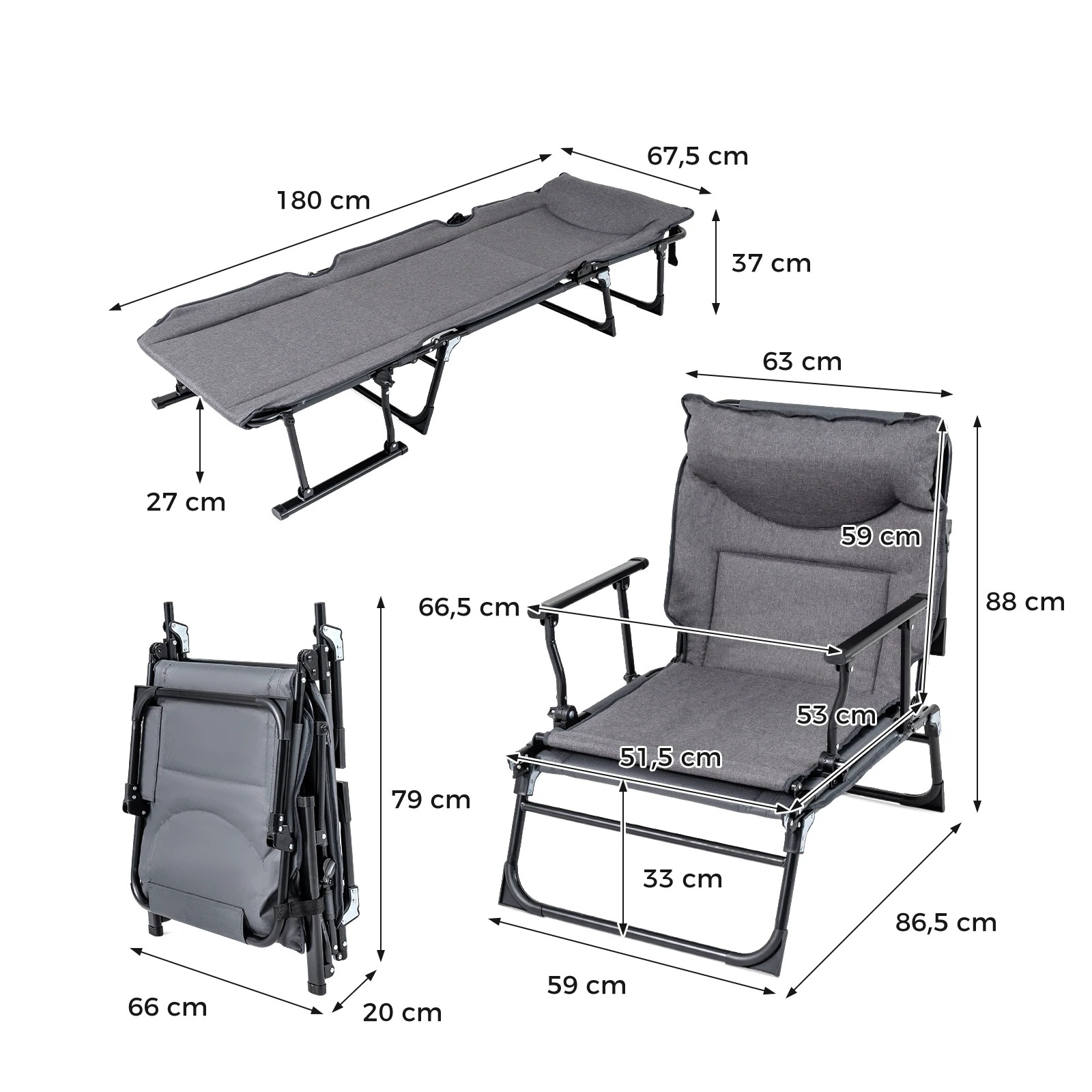 4 Costway 3 in 1 Folding Camping Cot Lounge Sleeper Bed Lounger Chair w/6-Position Adjustable, 4 of 4