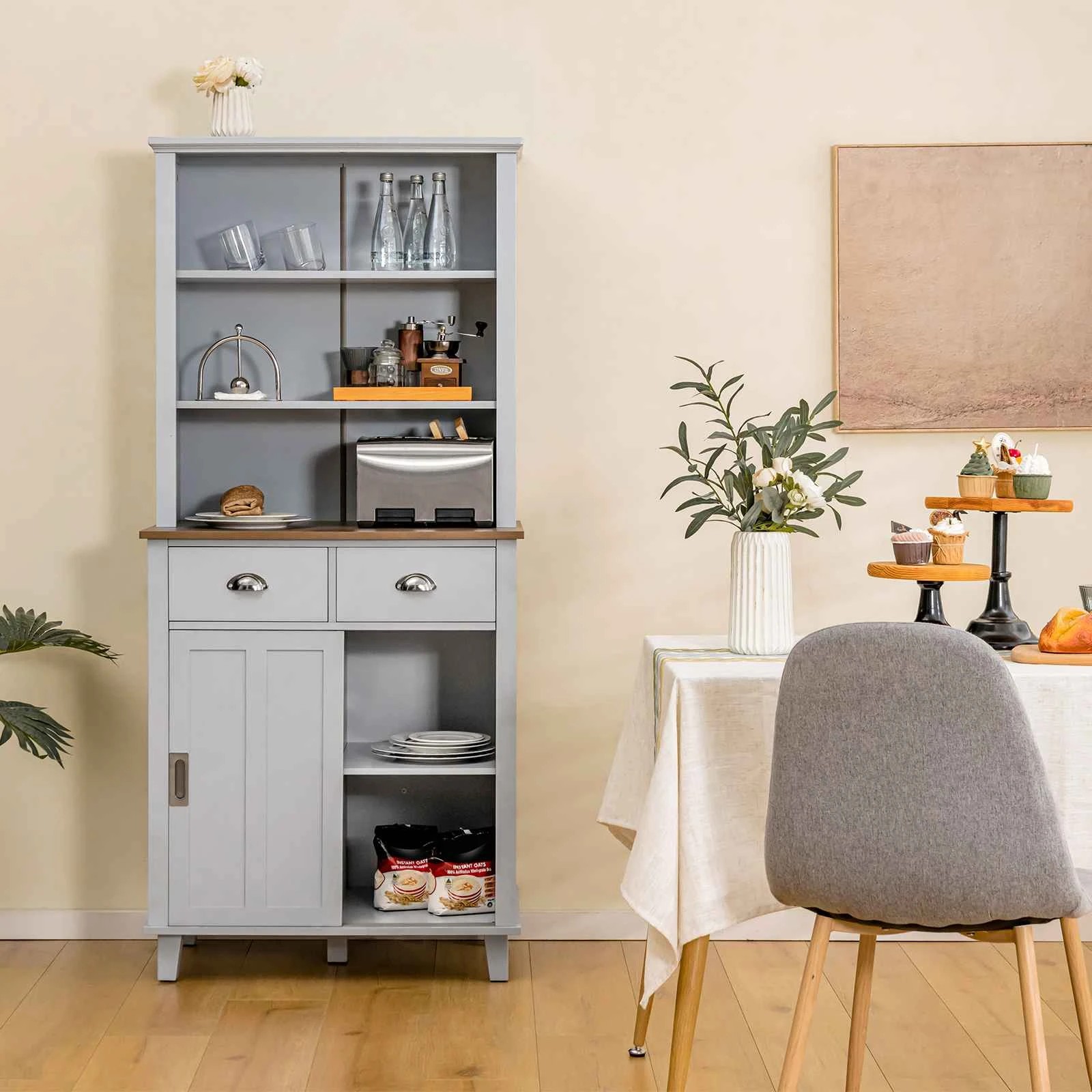 3 Costway 1.7m Kitchen Buffet Pantry Cabinet Cupboard Sliding Doors - Grey, 3 of 3