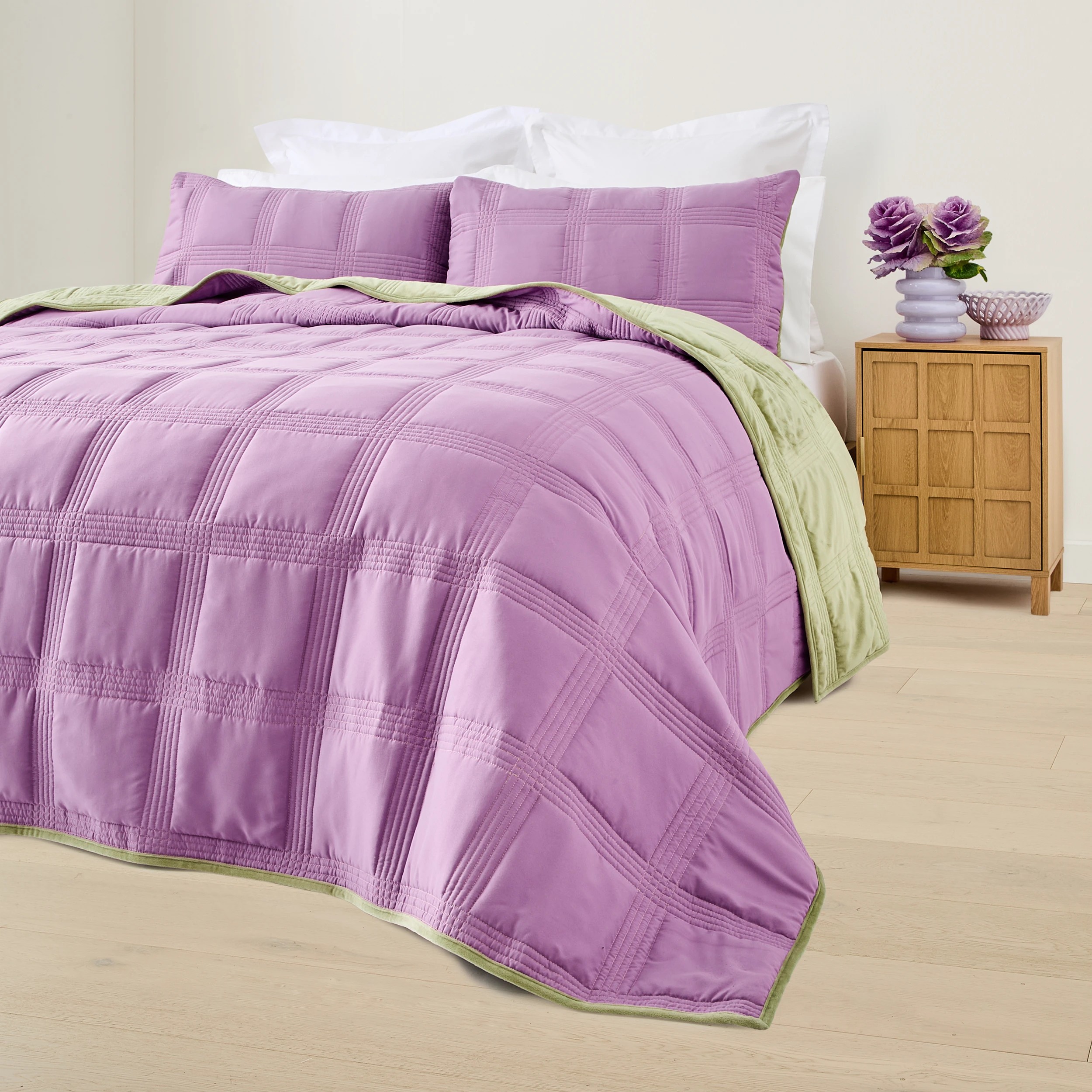 4 Velvet Reversible Coverlet Set - Queen/King Bed, Sage and Lilac, 4 of 9