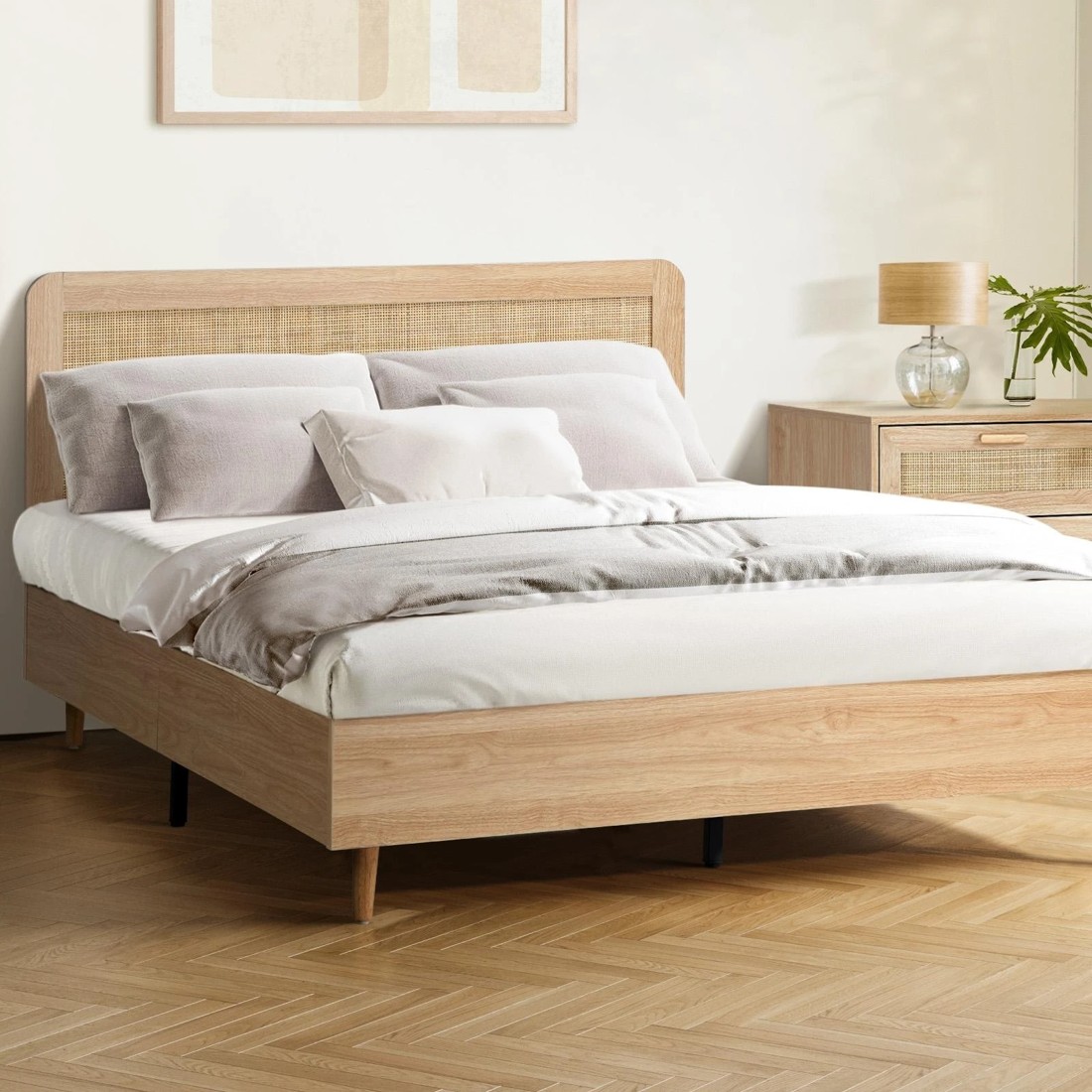 2 Oikiture Double Bed Wooden Bed Frame With Rattan Headboard
 - Natural, 2 of 10