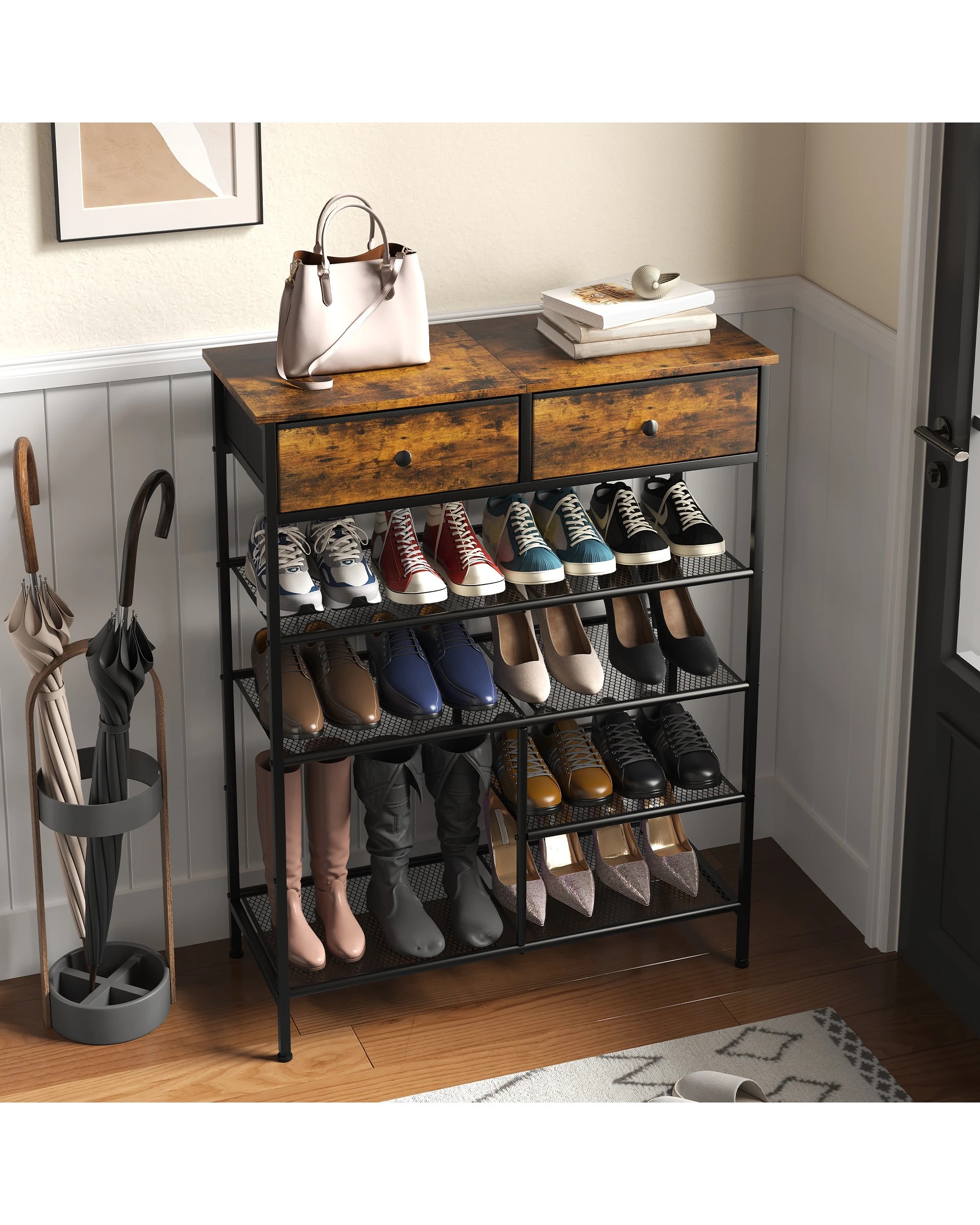 4 Advwin Shoe Rack Shoe Storage Organizer w/ 2 Drawers and Open Mesh Shelves Freestanding Shoe Shelves, 4 of 10