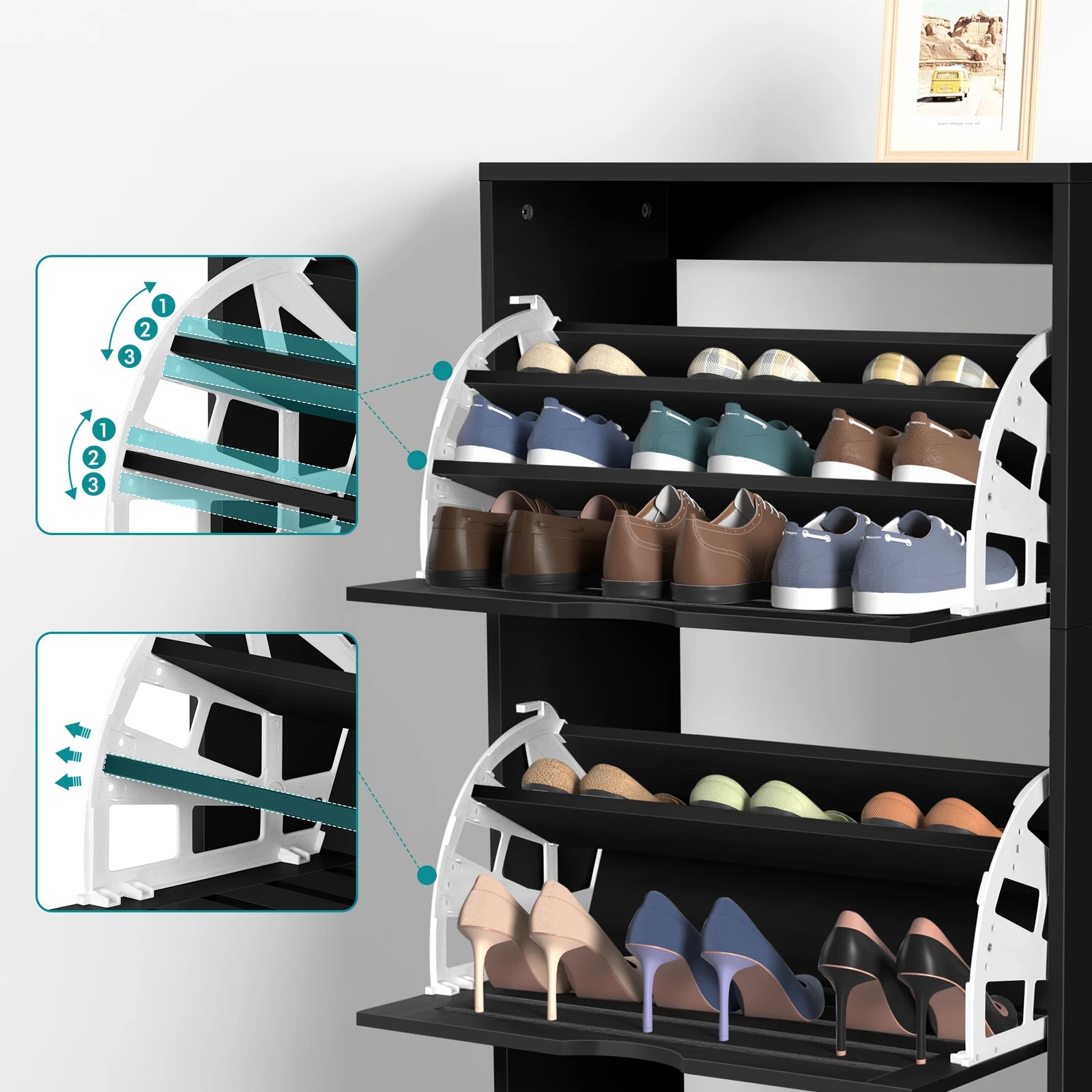 3 Alfordson 2x Shoe Cabinet Organiser Storage Rack Flip Drawers - Black, 3 of 10