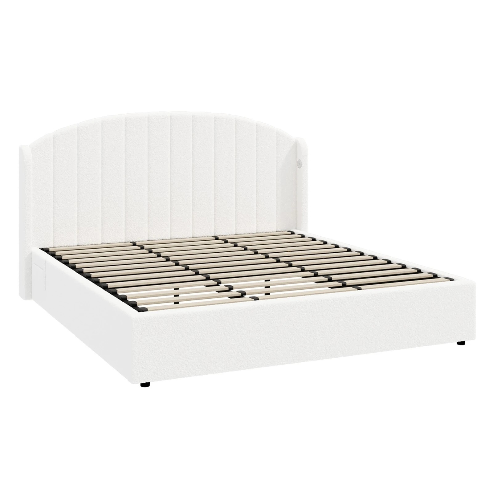 1 Oikiture Bed Frame King Size With Gas Lift Storage USB Charging Boucle - White, 1 of 8