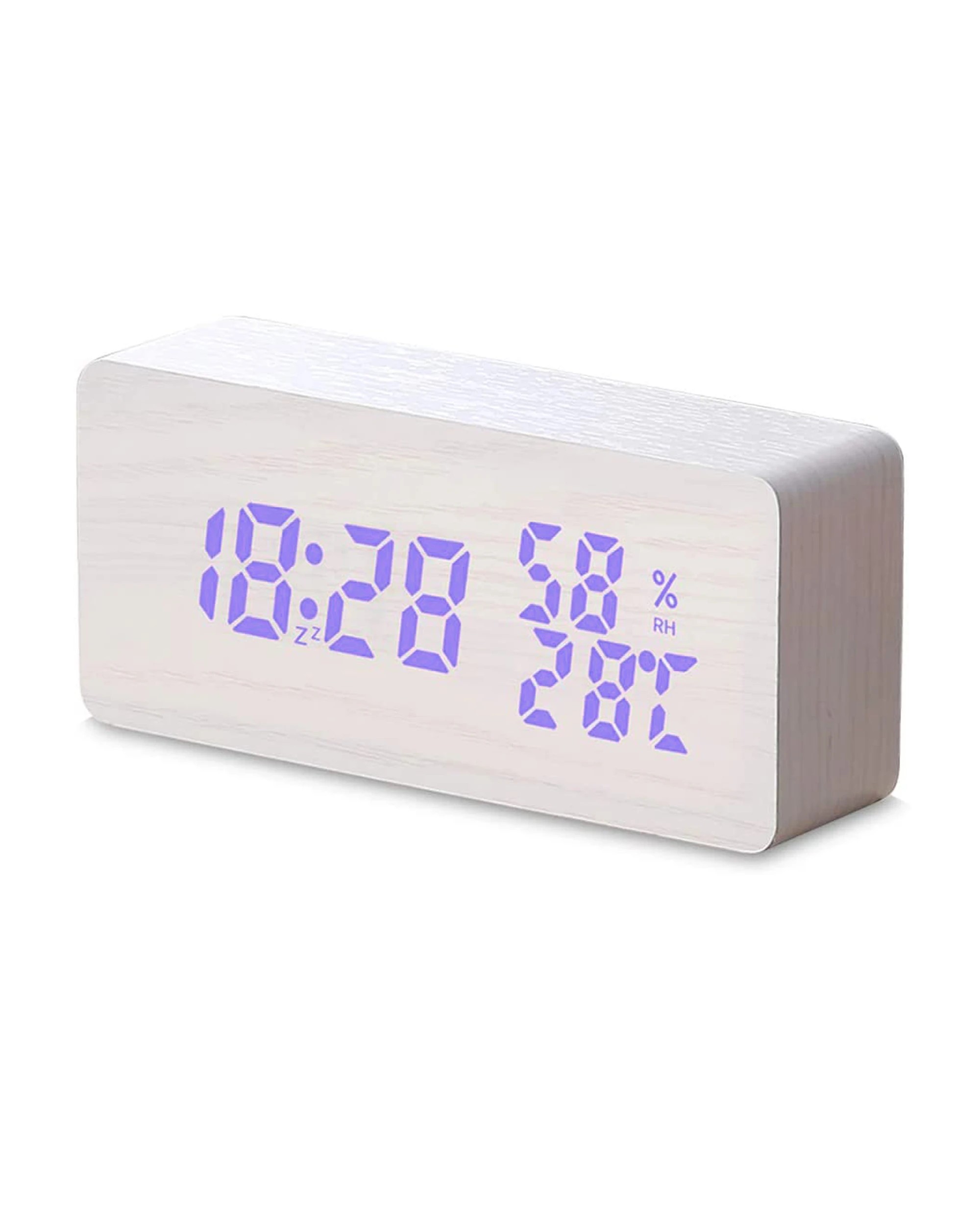 1 LED Digital Alarm Clock Woodgrain Temperature Humidity USB Power - White, 1 of 2