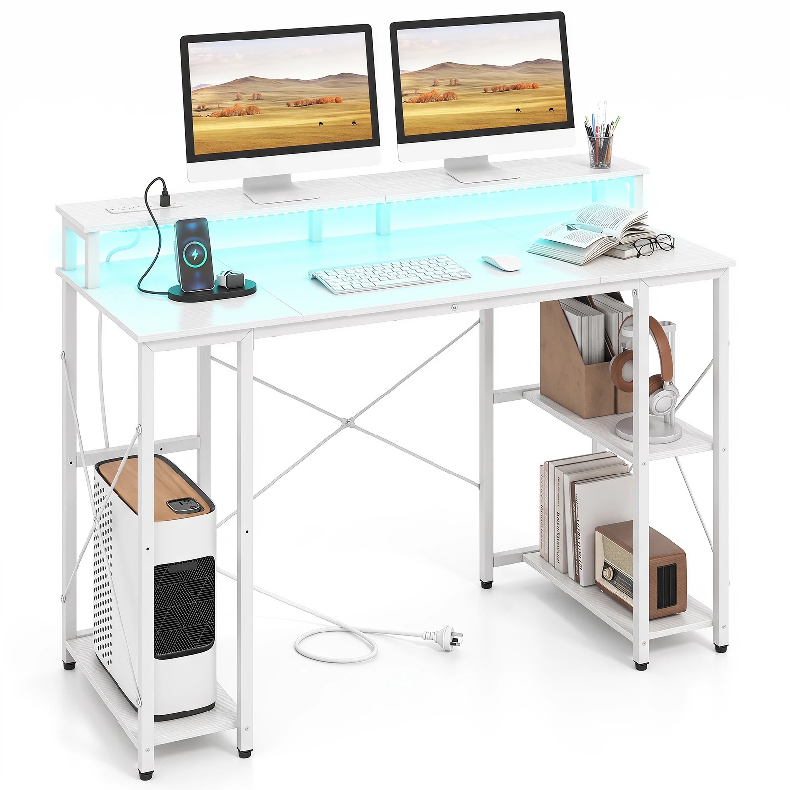 5 Costway 120cm Computer Desk w/Charging Station & LEDs Workstation Gaming Table - White, 5 of 5