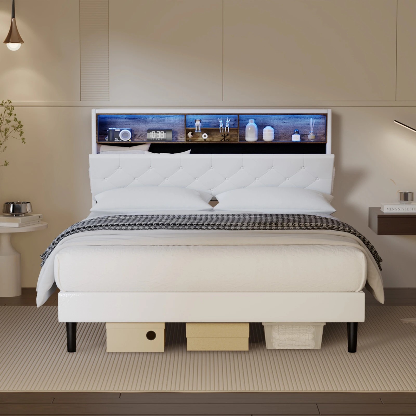 3 Oikiture Bed Frame Queen Size with LED Storage Bedhead - White, 3 of 9